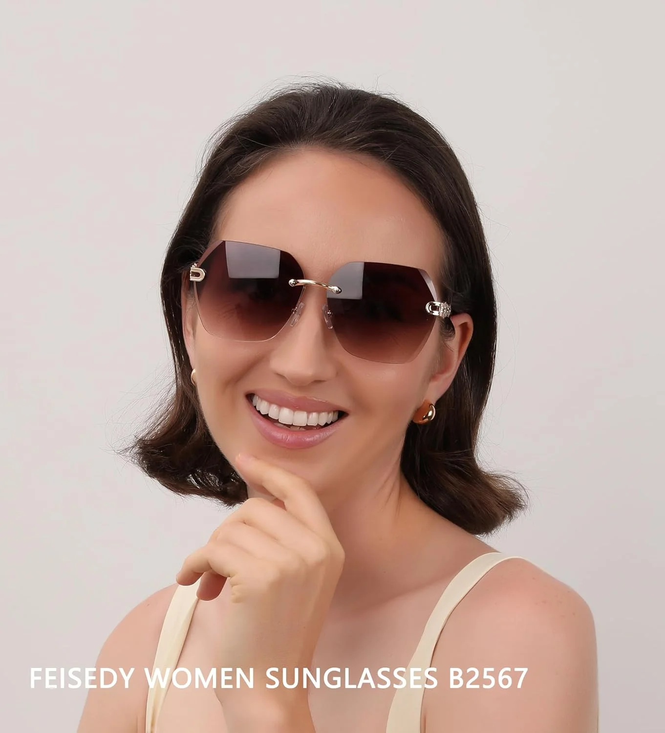 عینک آفتابی بدون فریم FEISEDY زنانه، فریم فلزی مربعی، لنزهای بزرگ الماسی مد روز مدل B2567