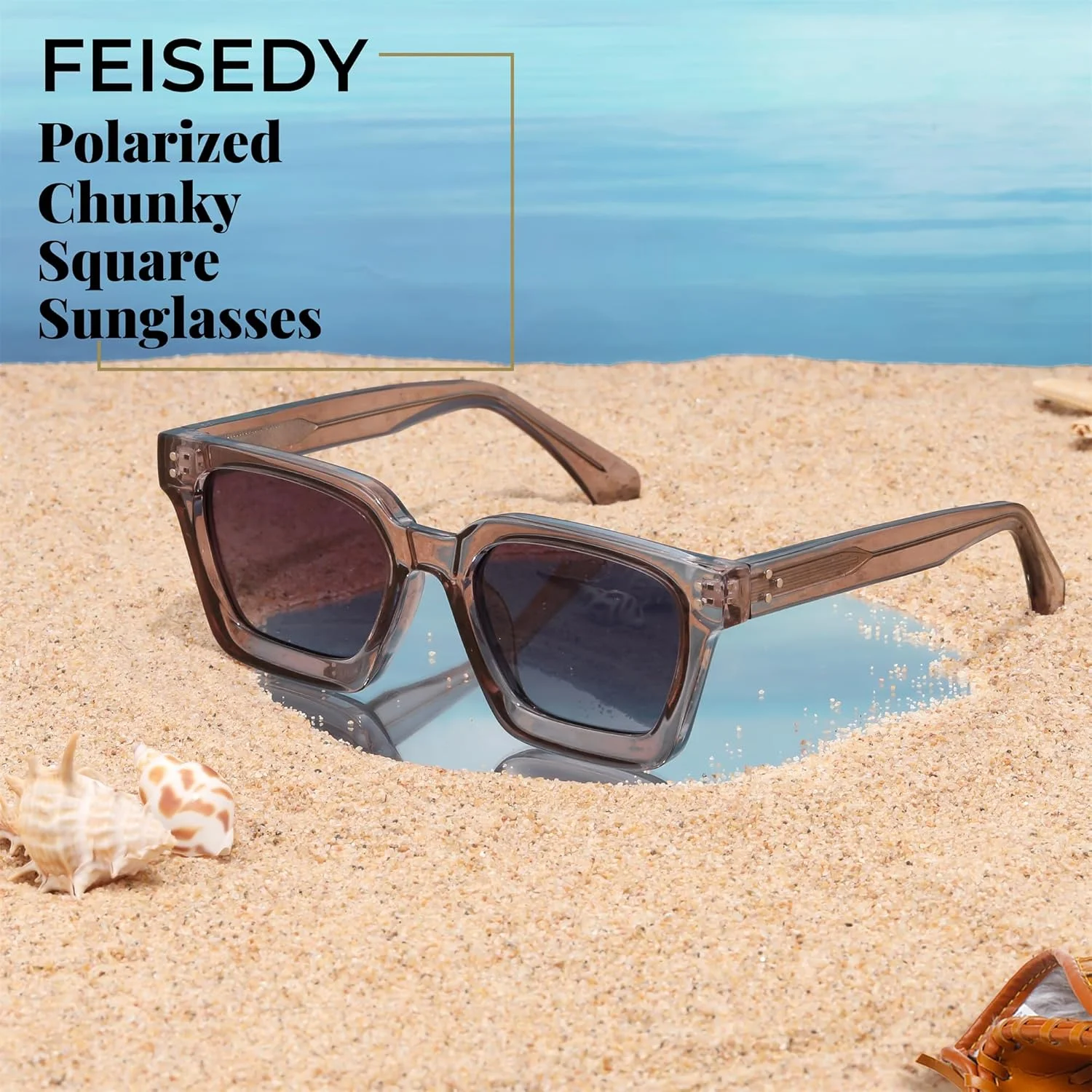 عینک آفتابی پلاریزه FEISEDY مردانه زنانه با فریم ضخیم مربعی مستحکم و محافظت UV400 مدل B2396