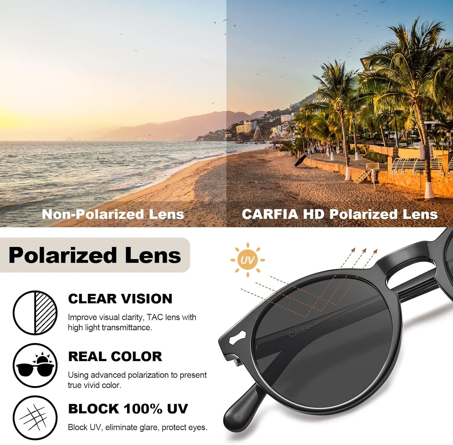 عینک آفتابی پلاریزه زنانه Carfia با طراحی وینتیج و لنز محافظ UV400 و فریم استات