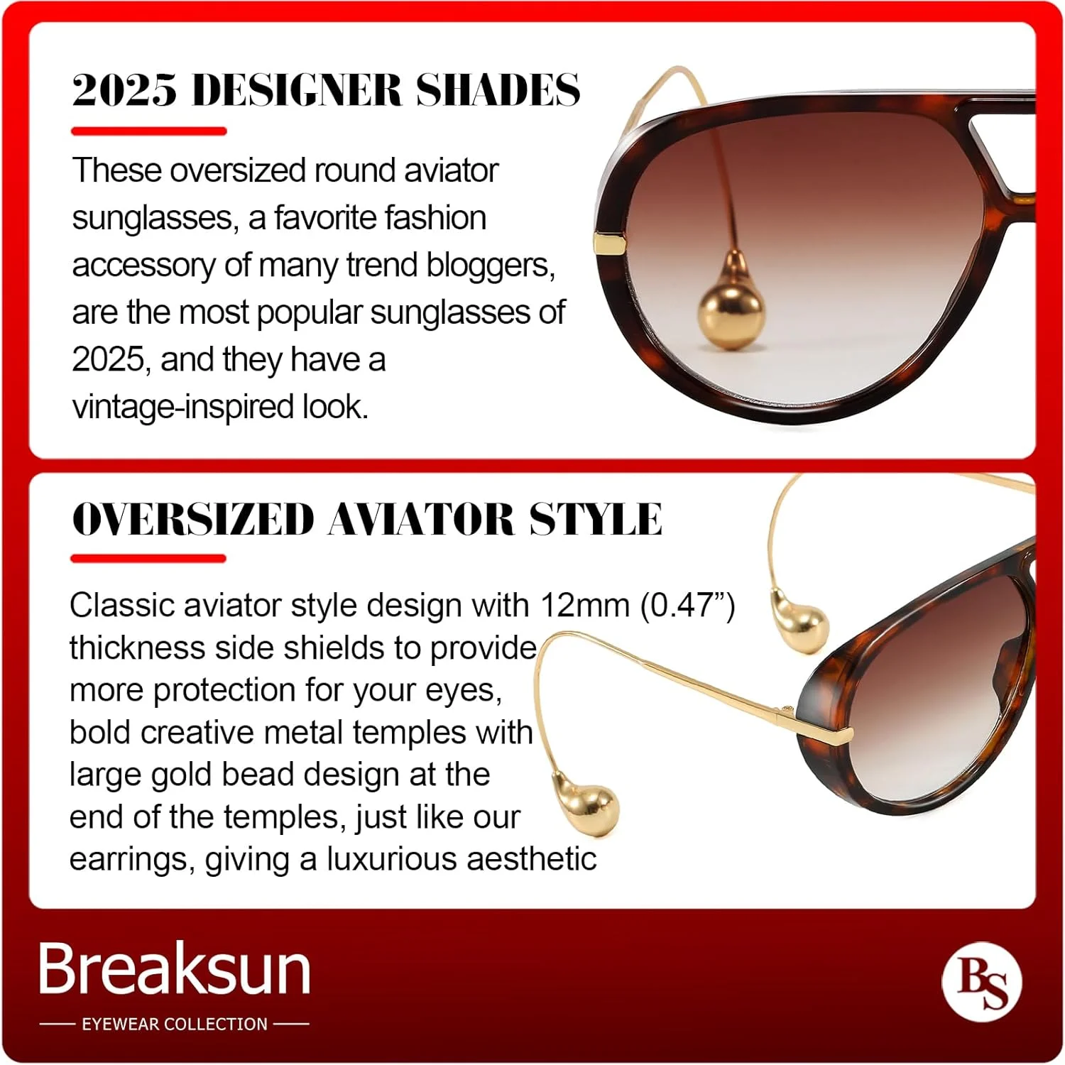 عینک آفتابی خلبانی بزرگ زنانه Breaksun، عینک آفتابی سپر دار مد روز یکپارچهسازی با سیستم عامل، لنز نارنجی بزرگ، سایه های وینتیج