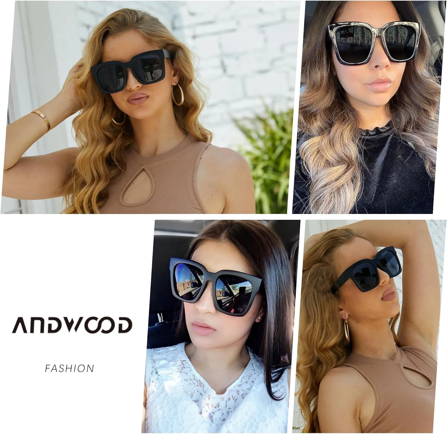 عینک آفتابی بزرگ زنانه ANDWOOD، فریم مربعی بزرگ و پهن، سایه های مد روز یکپارچهسازی با سیستمعامل، محافظت در برابر اشعه ماوراء بنفش، (لنز فوق العاده تیره) مشکی براق + مشکی مات | لنز دسته 4، بزرگ