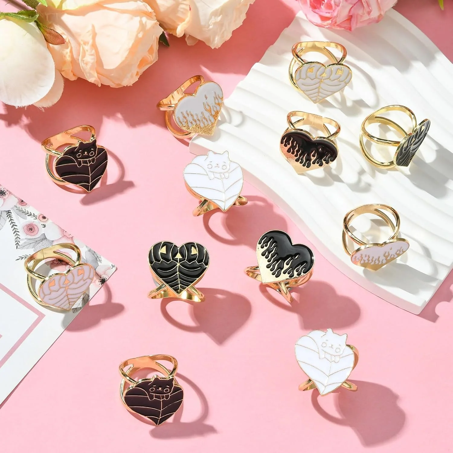 LiQunSweet 12 عدد گیره روسری طرح قلب مشکی سفید آلیاژی با روکش میناکاری، حلقه نگهدارنده شال و روسری، مناسب هدیه روز ولنتاین، عروسی، مهمانی و ضیافت