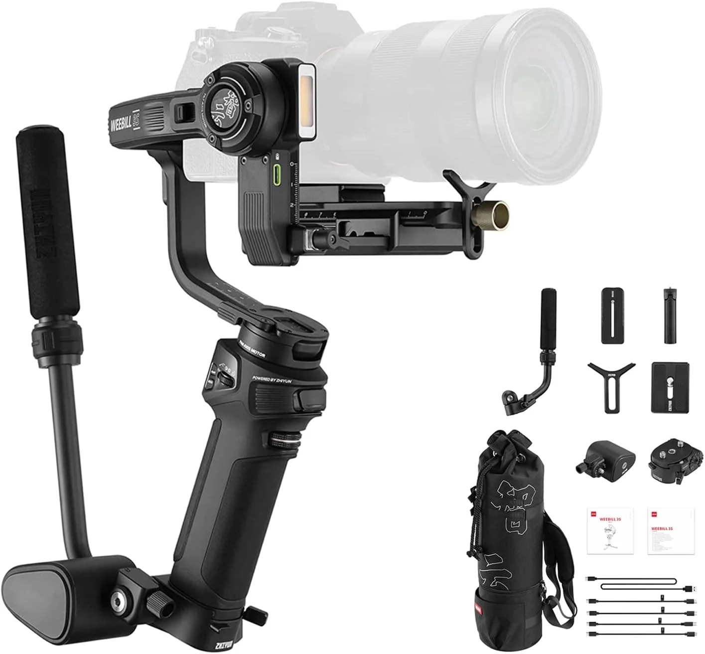 استابلایزر گیمبال 3 محوره ژیون Weebill 3S کمبو برای دوربین های DSLR و بدون آینه سازگار با سونی، نیکون، کانن، پاناسونیک LUMIX، دارای گریپ اسلینگ قابل افزایش، نور پرکننده یکپارچه، شارژ سریع PD