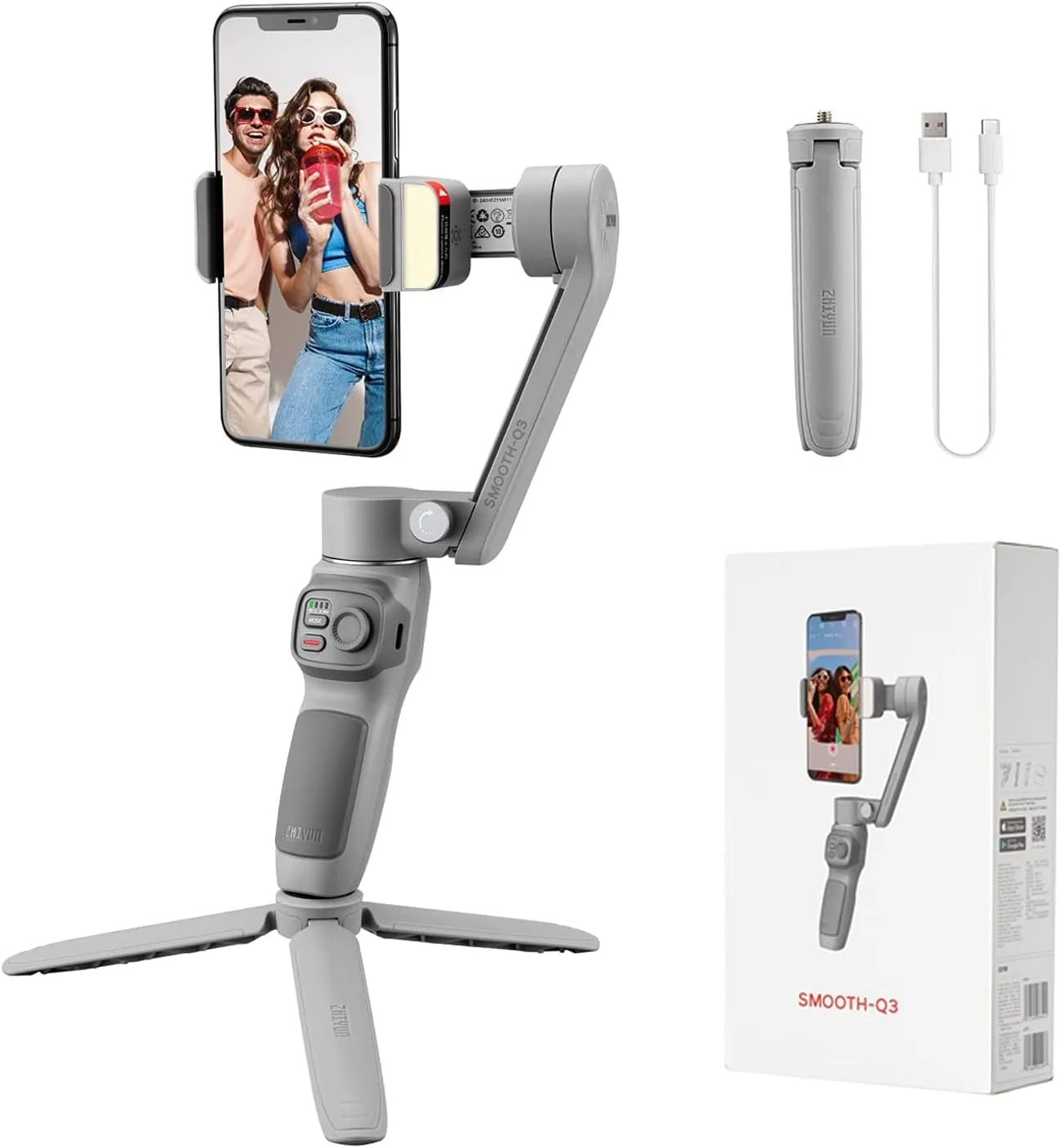 Zhiyun Smooth Q3 Handheld 3-Axis Smartphone Gimbal Stabilizer with Grip Tripod Stand LED Fill Light for Android Cell Phone iPhone