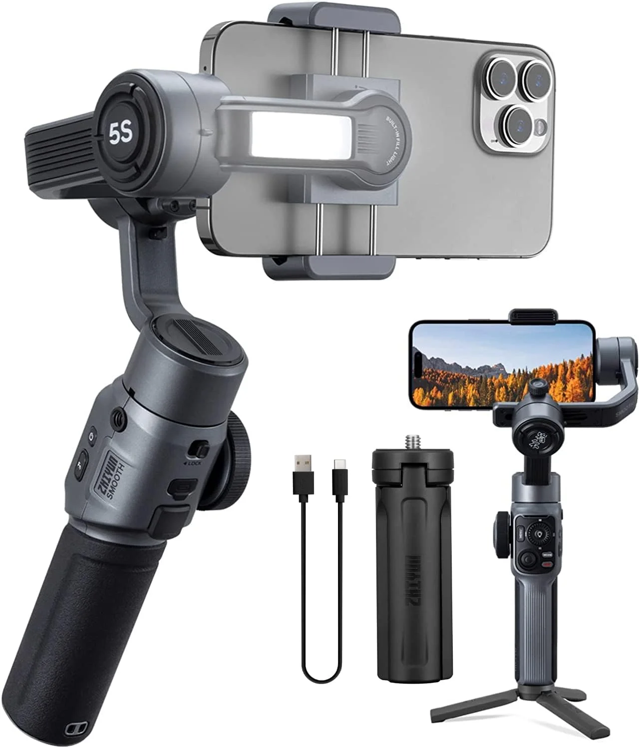 لرزشگیر گیمبال حرفه ای ژیون اسموث 5S برای گوشی های هوشمند، گیمبال تلفن 3 محوره دستی، لرزشگیر قابل حمل برای ولاگ، یوتیوب، تیک تاک، ویدیوی زنده سازگار با آیفون و اندروید - خاکستری