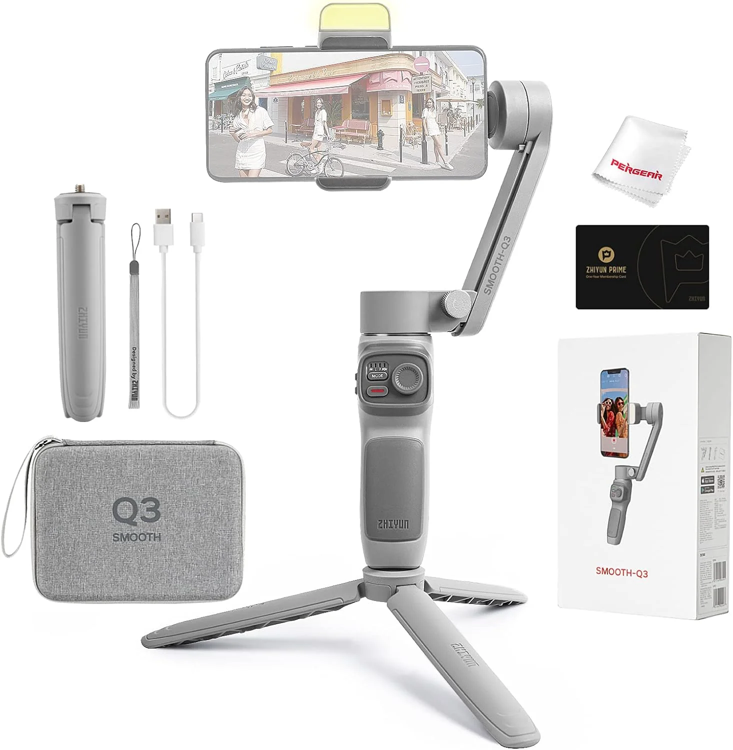 Zhiyun Smooth Q3 Combo، تثبیت کننده گیمبال 3 محوره برای تلفن هوشمند، گیمبال تاشو تلفن همراه با نور، شروع خودکار، دالی-زوم، Time-Lapse، نور پرکننده 180 درجه قابل چرخش، SmartFollow 3.0