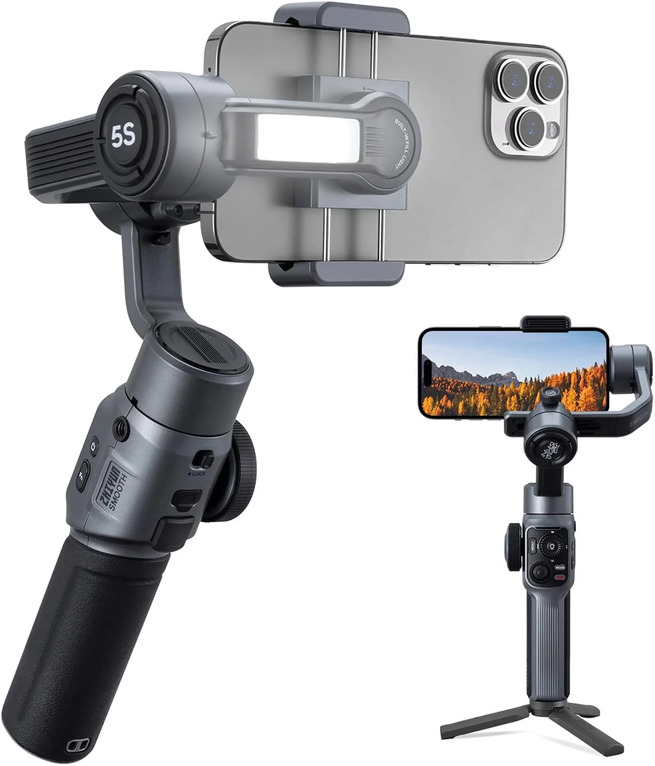 گیمبال 3 محوره ZHIYUN Smooth 5S با قابلیت Smart Follow، تثبیت کننده گیمبال برای آیفون 14/13/12/11 Pro Max X و تلفن های اندرویدی، مناسب برای پخش زنده در یوتیوب و فیس بوک - خاکستری