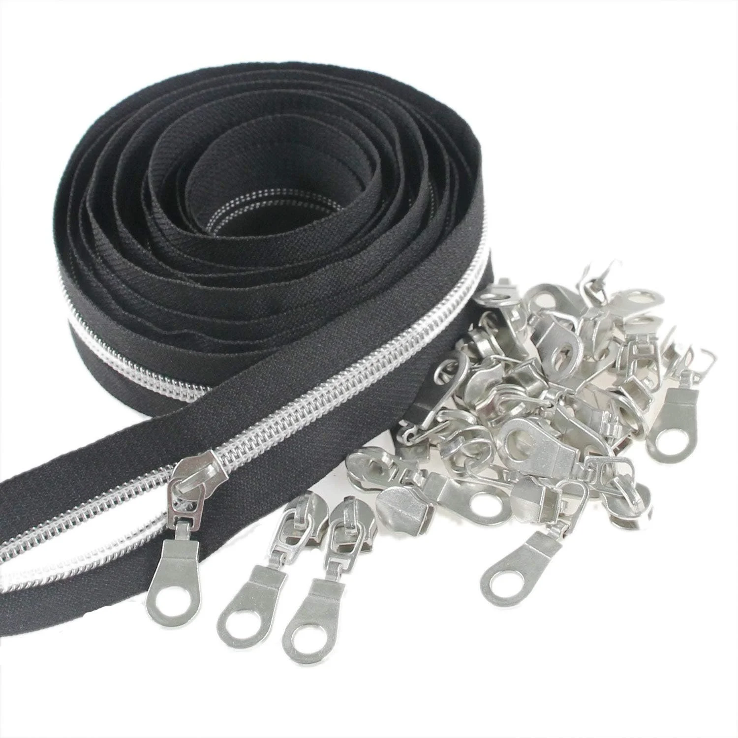 Leekayer #5 Silver Metallic Nylon Coil Zippers by The Yard Bulk 10 Yards Black Tape with 25pcs Silver Sliders for DIY Sewing Tailor Craft Bag(Black) Leekayer #5 Silver Metallic Nylon Coil Zippers by The Yard Bulk 10 Yards Black Tape with 25pcs Silver Sliders for DIY Sewing Tailor Craft Bag(Black)