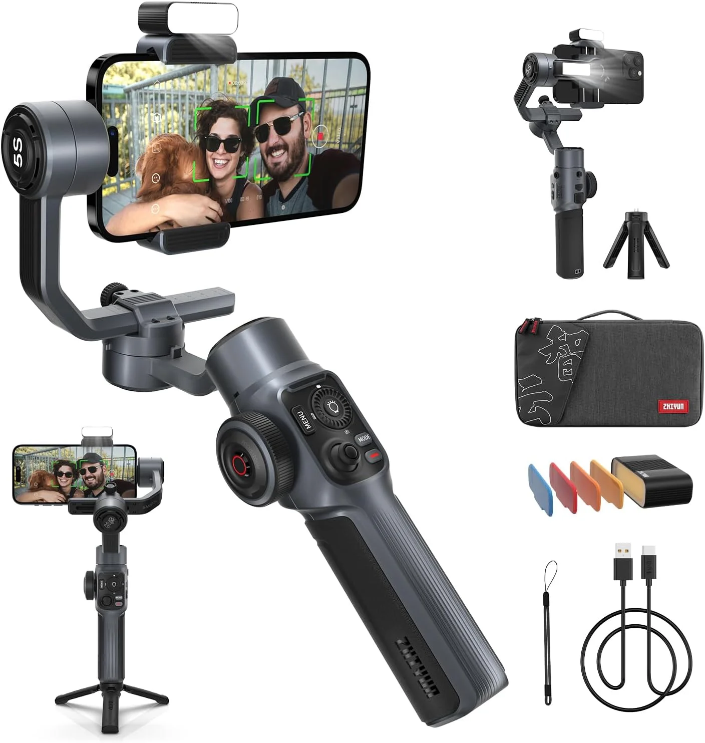 لرزشگیر گیمبال موبایل ژیون Smooth 5S، گیمبال تثبیت کننده 3 محوره تلفن هوشمند با سه پایه گریپ (ترکیب خاکستری)