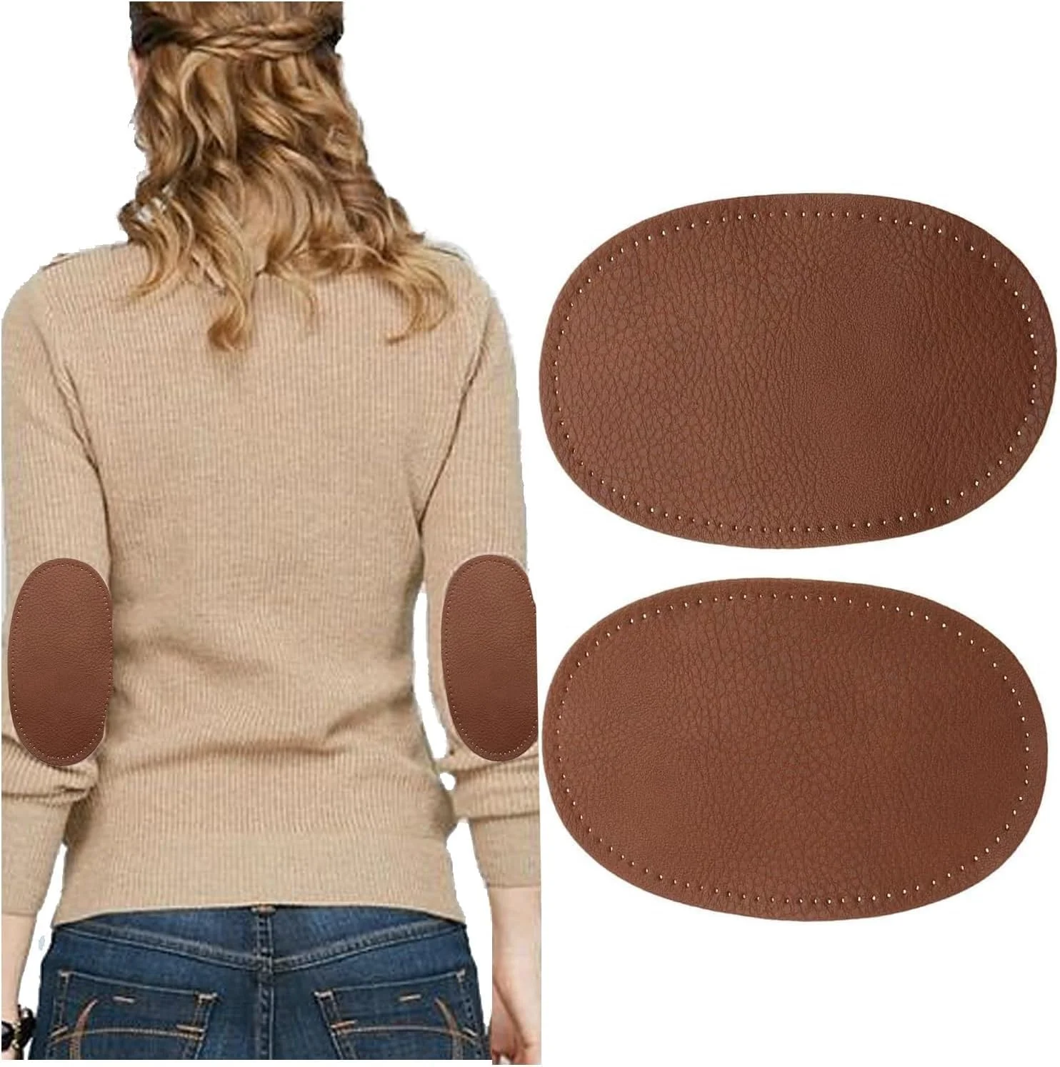 2Pcs Coffee Pu Leather Fabric Oval Elbow Knee Patches for Sweater Trousers Repair Patches Craft Supply Sewing Appliques (Coffee, One size)
