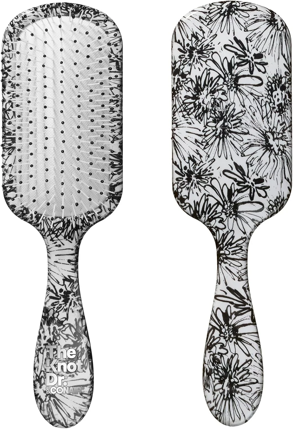 برس مو کان ایر مدل Knot Dr.، باز کننده گره موی خشک و خیس، از بین برنده گره و درهم تنیدگی مو، مناسب برای انواع مو، طرح گل مشکی/سفید