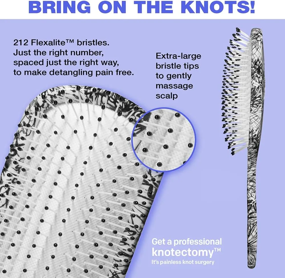برس مو کان ایر مدل Knot Dr.، باز کننده گره موی خشک و خیس، از بین برنده گره و درهم تنیدگی مو، مناسب برای انواع مو، طرح گل مشکی/سفید