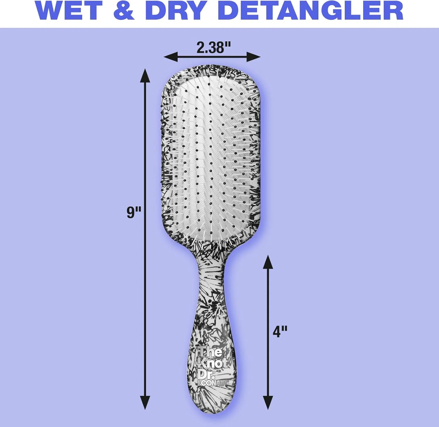 برس مو کان ایر مدل Knot Dr.، باز کننده گره موی خشک و خیس، از بین برنده گره و درهم تنیدگی مو، مناسب برای انواع مو، طرح گل مشکی/سفید