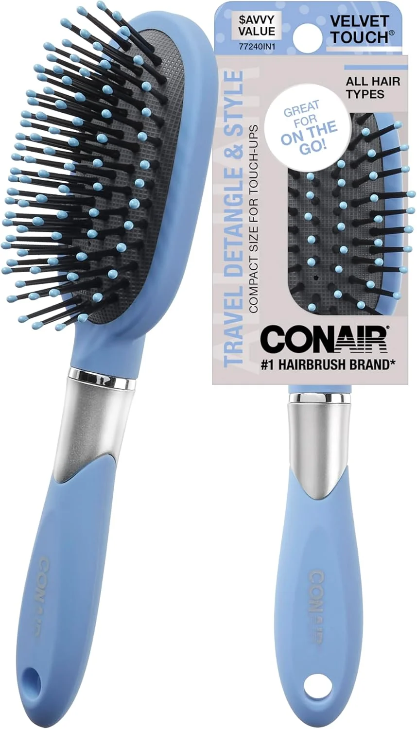 برس موی بیضی شکل Conair Detangle and Style - برس مسافرتی مو - باز کردن گره مو - ایده آل برای مدل های موی فر یا صاف - برس های باز کننده گره مو - زنانه یا مردانه - آبی آسمانی