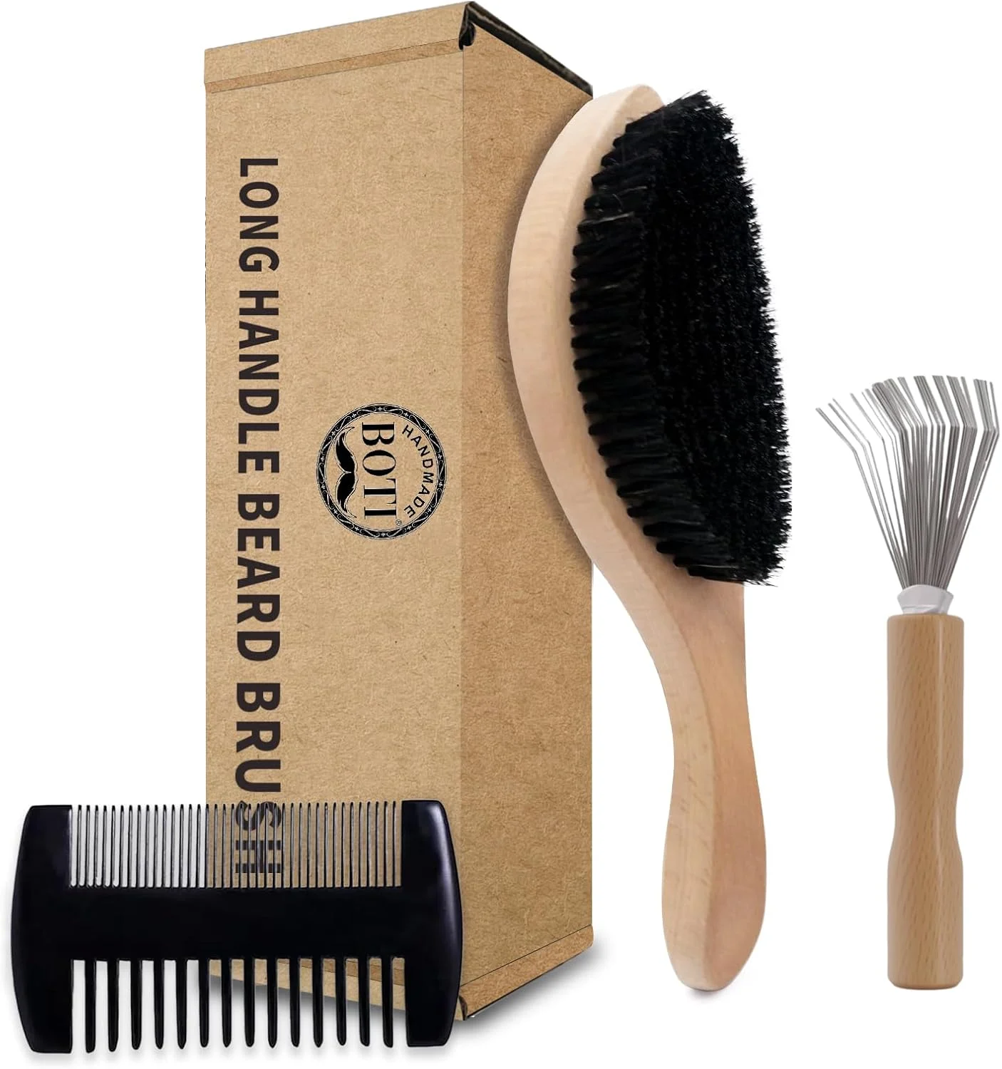 برس ریش دسته بلند Boti با موی مصنوعی برای حالت دادن و مرتب کردن ریش، دسته چوبی دست ساز، ایده آل برای حالت دادن و مرتب کردن مو و ریش، برس سبیل ریش