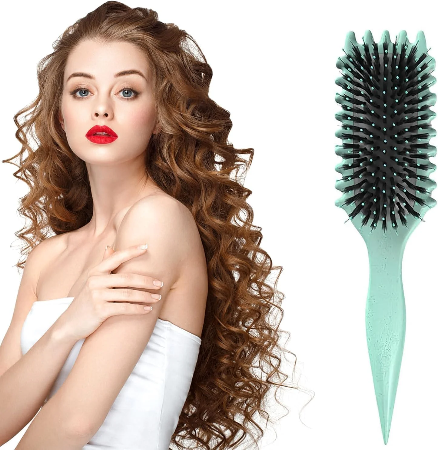 برس موی فر BIGTHREE®، برس فر کننده و حالت دهنده، با دندانه ها، کاهش کشیدگی مو و جدا کردن فرها، باز کردن گره، شکل دادن و مشخص کردن فرها، ابزار حالت دهی مو برای زنان و مردان (سبز)