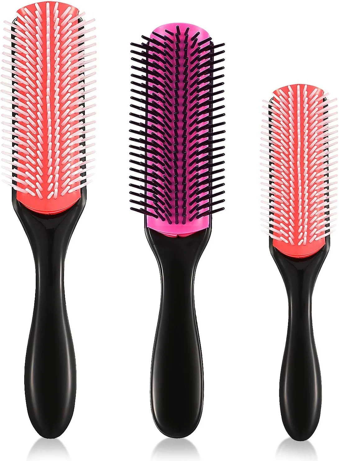 بوائو، 3 عدد برس حالت دهنده مو با 9 ردیف برس نایلونی بالشتکی، دارای پد لاستیکی ضد الکتریسیته ساکن، برس ماساژ مو برای جدا کردن، مشخص کردن فرها، خشک کردن با سشوار، حالت دادن و باز کردن گره مو، 3 سایز (صورتی، نارنجی)