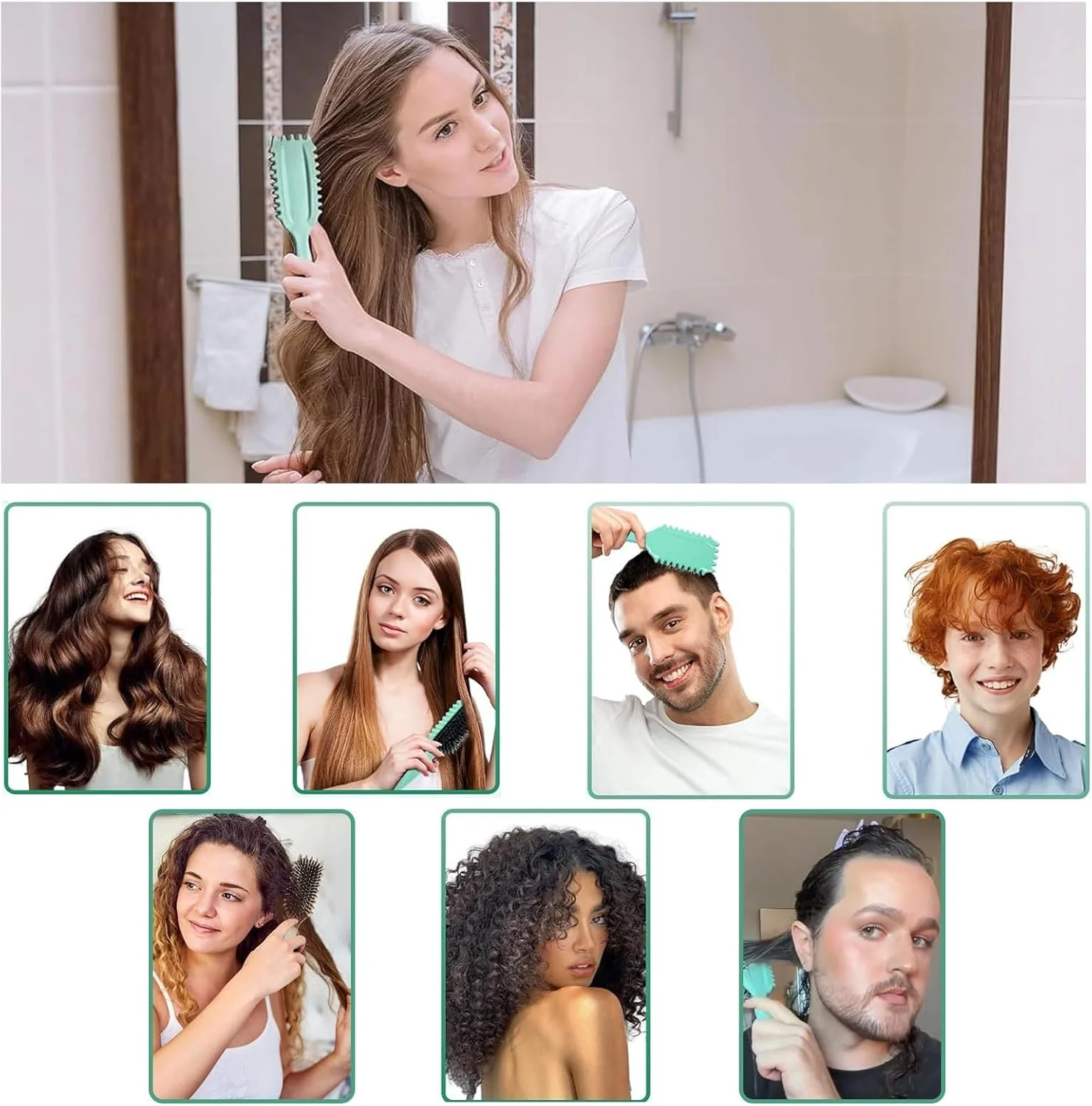 برس موی فر BIGTHREE®، برس فر کننده و حالت دهنده، با دندانه ها، کاهش کشیدگی مو و جدا کردن فرها، باز کردن گره، شکل دادن و مشخص کردن فرها، ابزار حالت دهی مو برای زنان و مردان (سبز)
