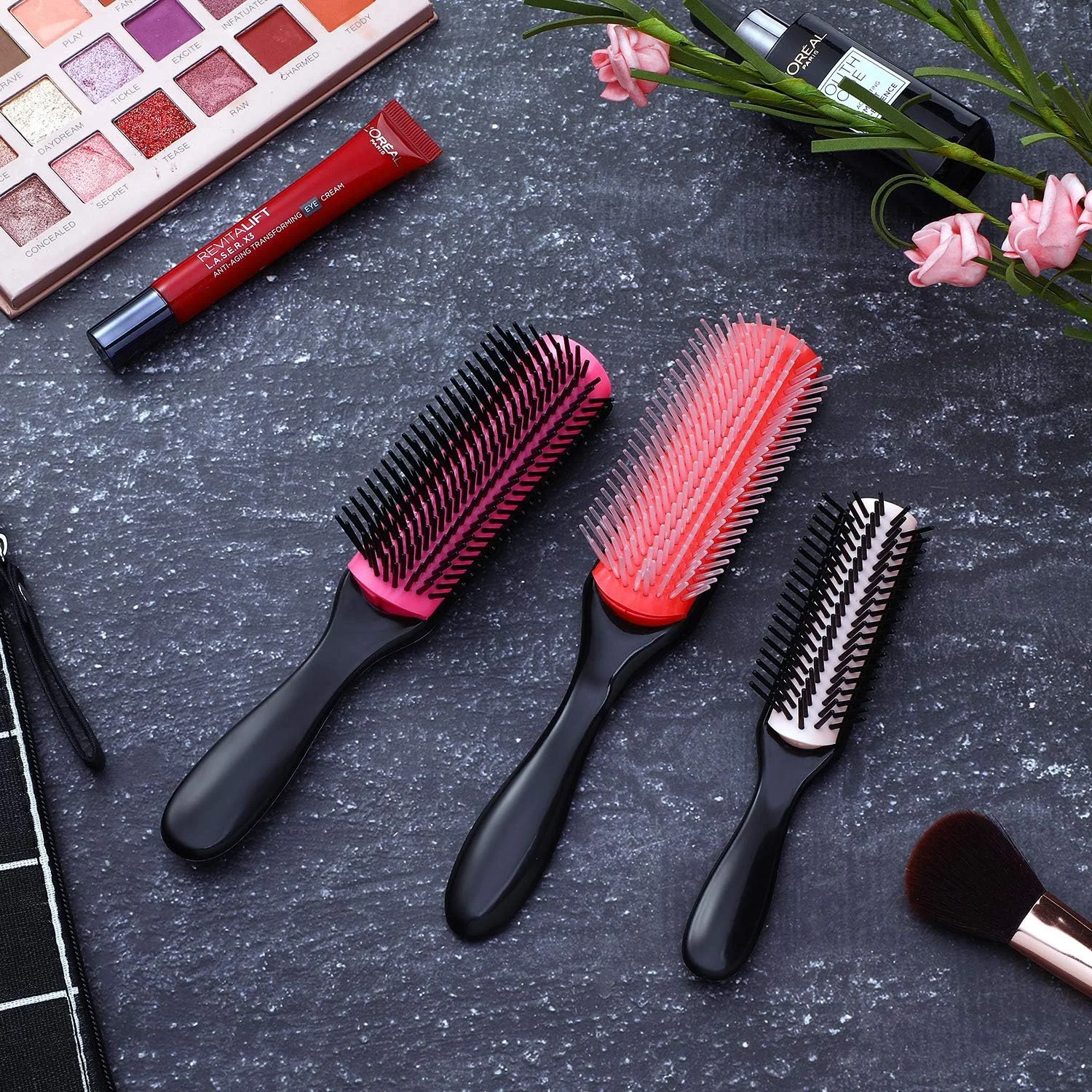 بوائو، 3 عدد برس حالت دهنده مو با 9 ردیف برس نایلونی بالشتکی، دارای پد لاستیکی ضد الکتریسیته ساکن، برس ماساژ مو برای جدا کردن، مشخص کردن فرها، خشک کردن با سشوار، حالت دادن و باز کردن گره مو، 3 سایز (صورتی، نارنجی)