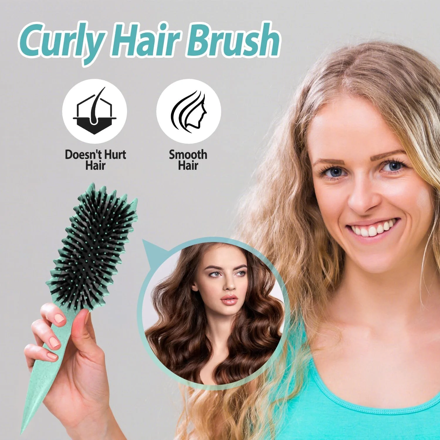 برس موی فر BIGTHREE®، برس فر کننده و حالت دهنده، با دندانه ها، کاهش کشیدگی مو و جدا کردن فرها، باز کردن گره، شکل دادن و مشخص کردن فرها، ابزار حالت دهی مو برای زنان و مردان (سبز)