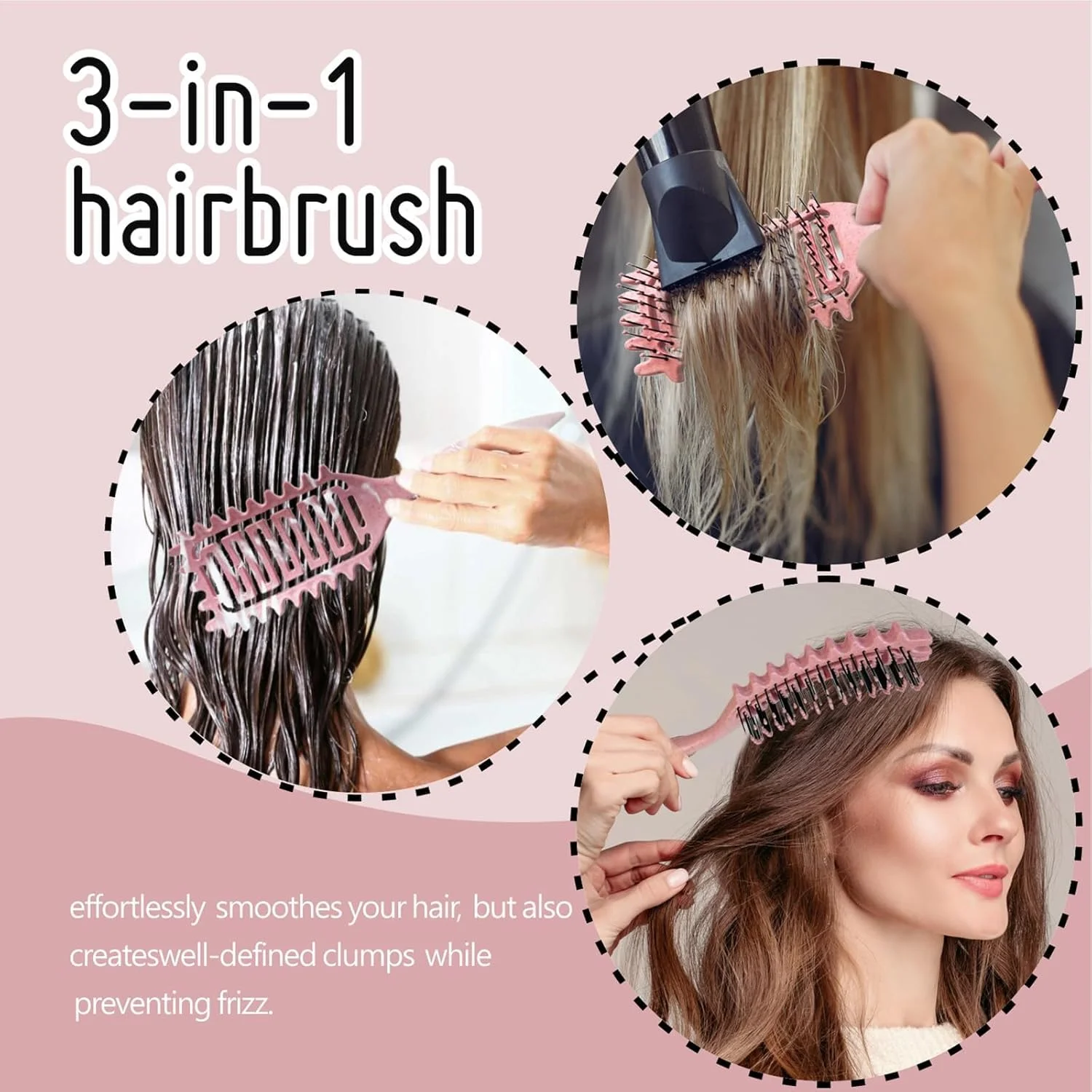 برس حالت دهنده موی فر BIGTHREE®، برس موی فر، برس موی منفذ دار، برس حالت دهنده برای باز کردن گره، برس حالت دهنده موی فر، برای زنان و مردان، کاهش کشیدگی و جداسازی فر (صورتی)