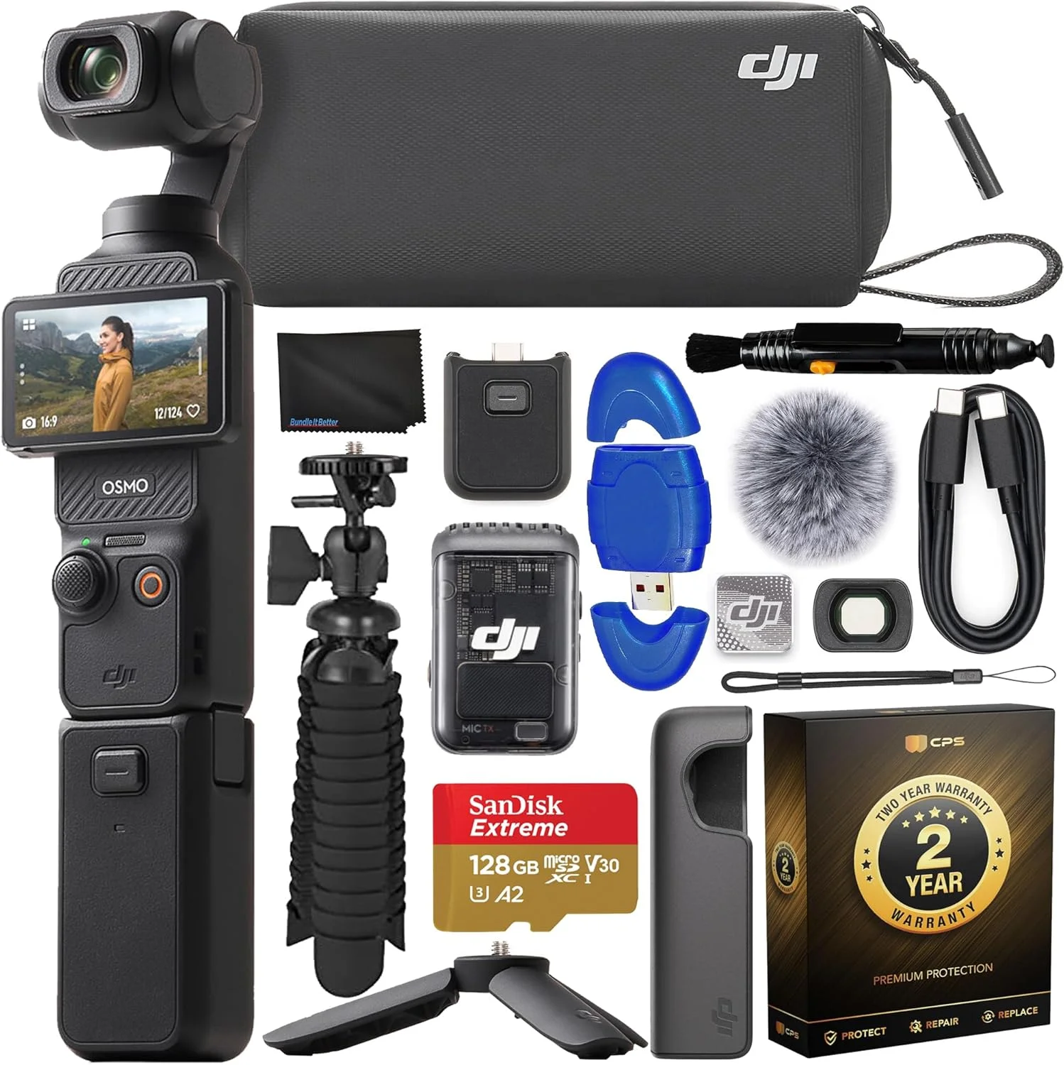 DJI Osmo Pocket 3 Creator Combo گیمبال استابلایزر با سنسور CMOS 1 اینچی و ویدئو 4K/120fps، تثبیت کننده 3 محوره به همراه کارت حافظه 128 گیگابایتی، سه پایه انعطاف پذیر Gripster Spider و موارد دیگر