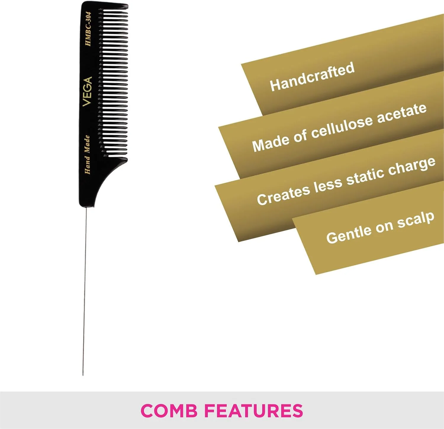 شانه دم باریک ویگا با پین فولادی و دندانه درشت، مشکی شانه دم باریک ویگا با پین فولادی و دندانه درشت، مشکی