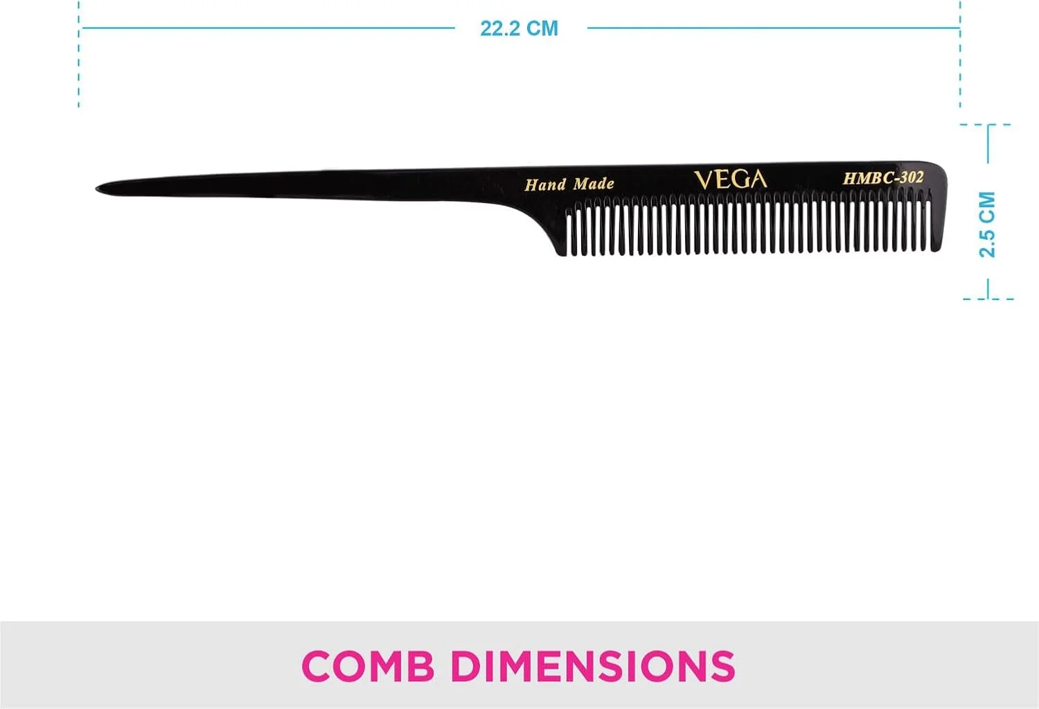 شانه دم باریک وگا با دندانه های متوسط و ظریف، مشکی شانه دم باریک وگا با دندانه های متوسط و ظریف، مشکی