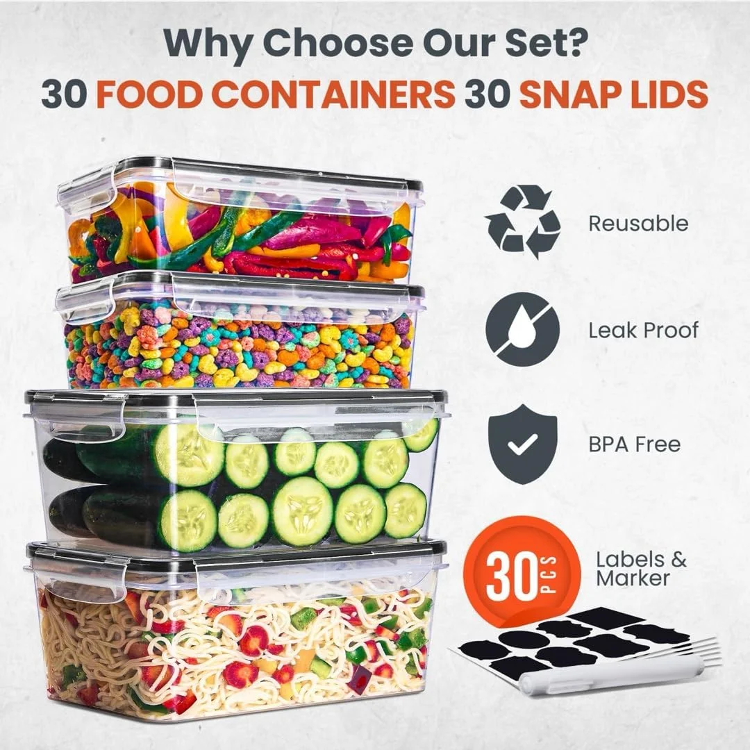 ست 60 عددی ظروف نگهداری غذا با درب های محکم - از 75 اونس تا 1.2 اونس (30 ظرف و 30 درب) ظروف آماده سازی غذا پلاستیکی شفاف 100% ضد نشت - قابل استفاده مجدد - قابل استفاده در مایکروویو و ماشین ظرفشویی با برچسب و ماژیک