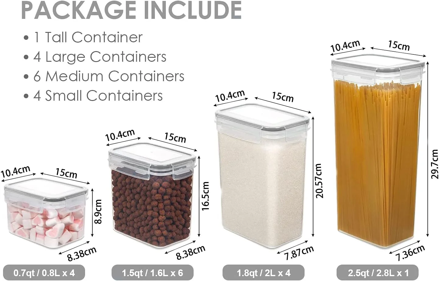 ست ظروف نگهداری مواد غذایی درب دار، 15 تکه پلاستیکی شفاف بدون BPA، ظروف نگهداری غلات و سازمان دهنده آشپزخانه با درب های قفل آسان، برای شکر، آرد، غلات و پخت و پز، شامل 24 برچسب