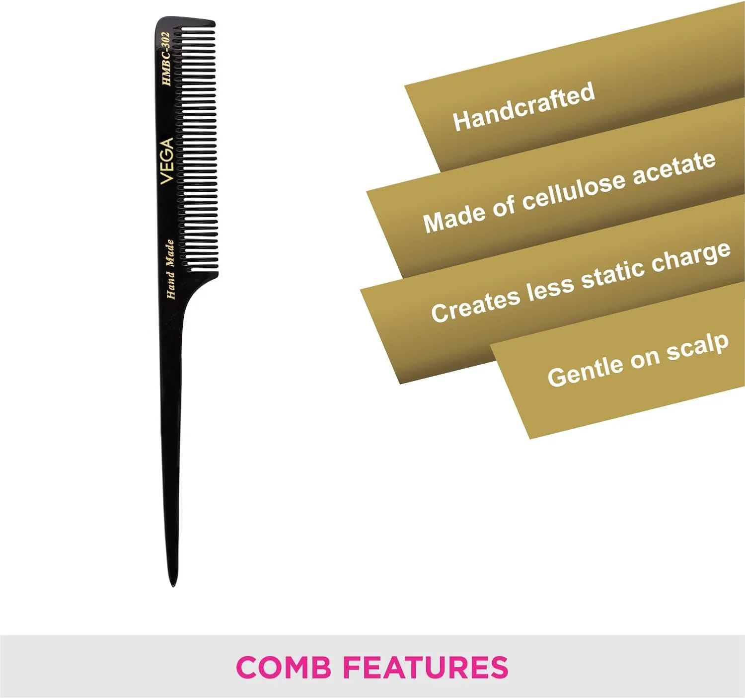 شانه دم باریک وگا با دندانه های متوسط و ظریف، مشکی شانه دم باریک وگا با دندانه های متوسط و ظریف، مشکی