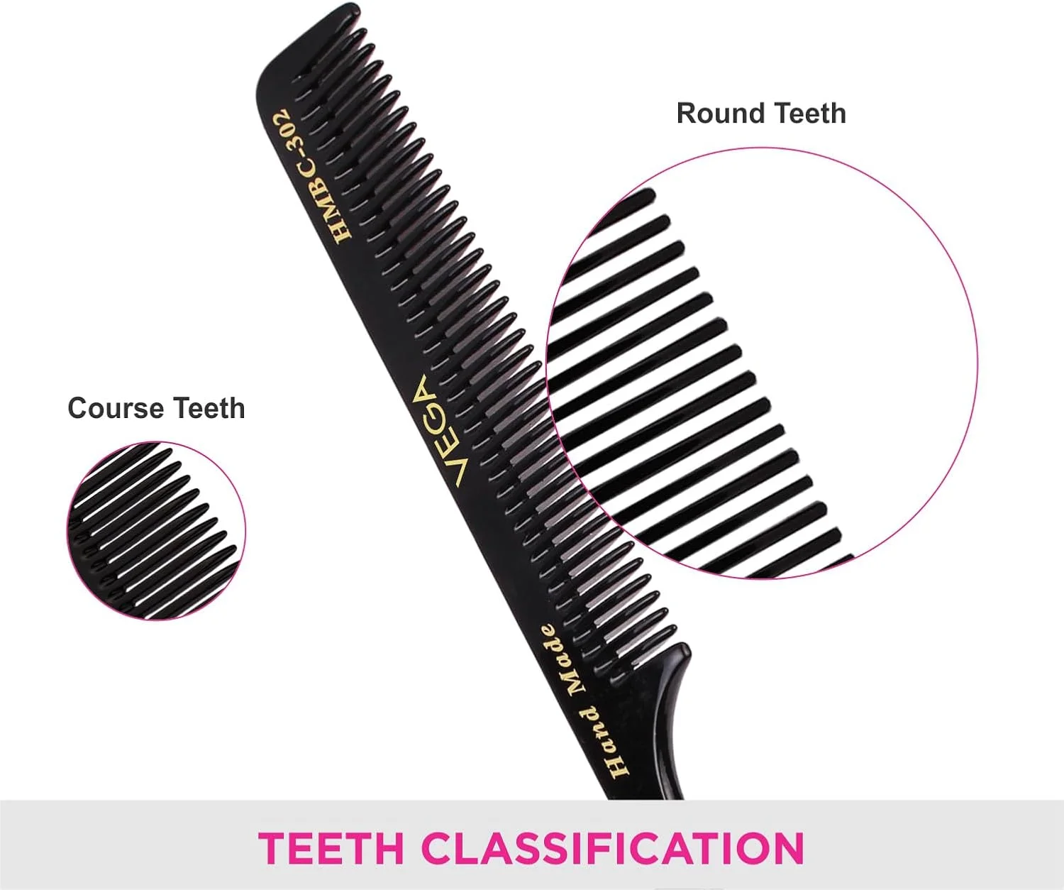 شانه دم باریک وگا با دندانه های متوسط و ظریف، مشکی شانه دم باریک وگا با دندانه های متوسط و ظریف، مشکی