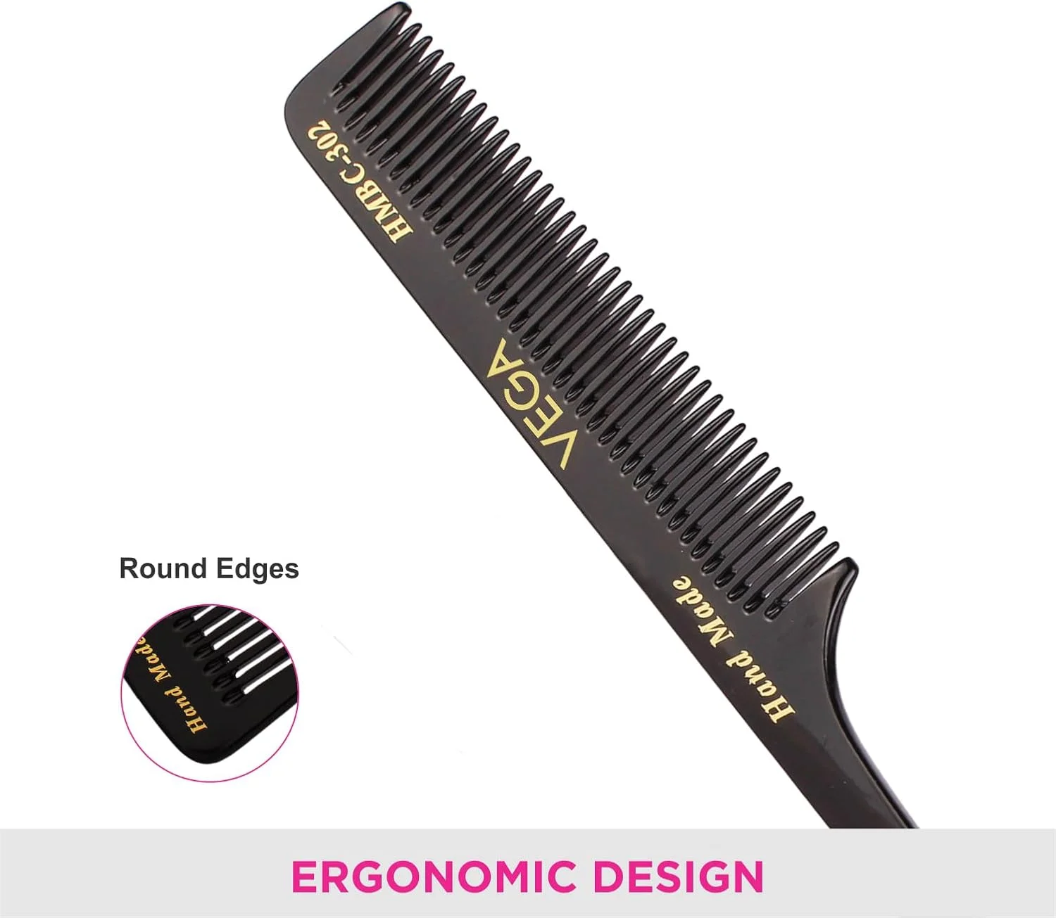 شانه دم باریک وگا با دندانه های متوسط و ظریف، مشکی شانه دم باریک وگا با دندانه های متوسط و ظریف، مشکی