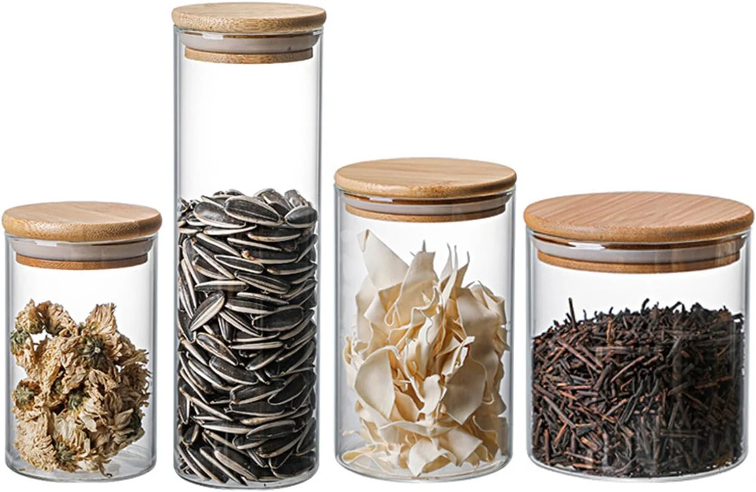 ست ظروف شیشه ای ذخیره سازی، ظروف غذای شیشه ای بوروسیلیکات بالا با درب بامبو هواگیر، ظروف مهر و موم شده آشپزخانه برای غلات، حبوبات، آب نبات، ادویه جات، میوه خشک (250ML+500ML+700ML+800ML، 4 عدد)
