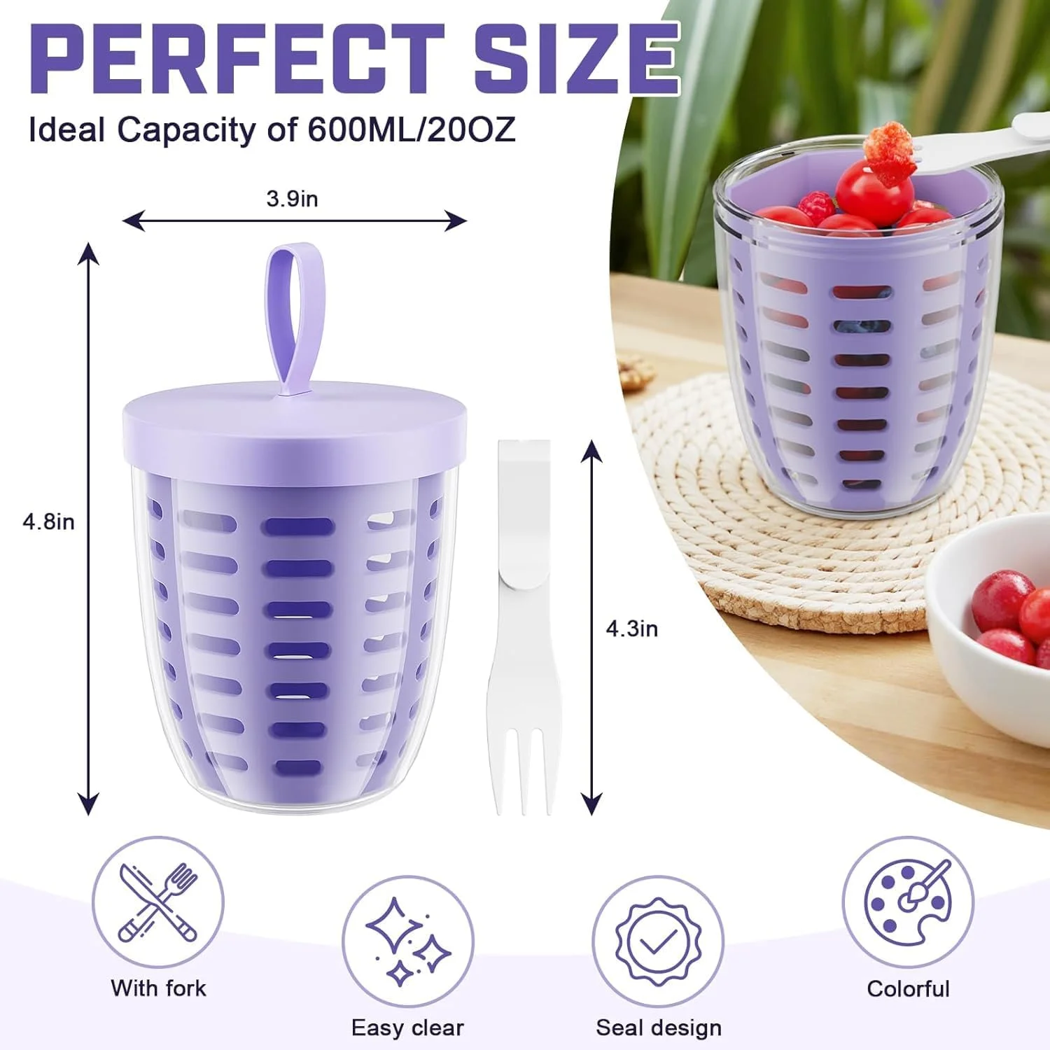 لیوان نگهداری سالاد میوه تازویق با درب و چنگال، ظرف دربسته بدون BPA، نگهداری قابل حمل و ضد نشت برای یخچال، مسافرت اداری و مهمانی (بنفش)