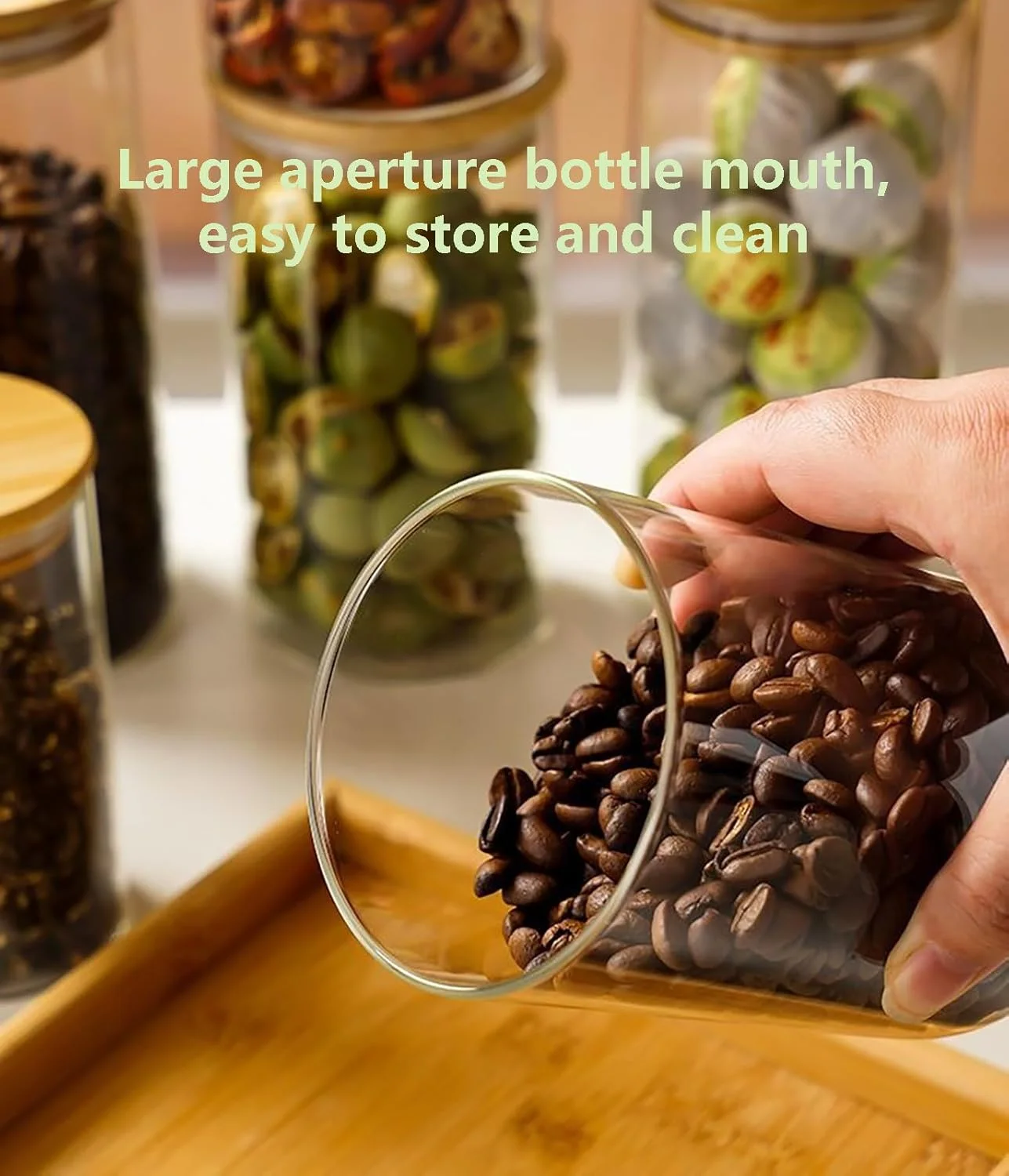 ست ظروف شیشه ای ذخیره سازی، ظروف غذای شیشه ای بوروسیلیکات بالا با درب بامبو هواگیر، ظروف مهر و موم شده آشپزخانه برای غلات، حبوبات، آب نبات، ادویه جات، میوه خشک (250ML+500ML+700ML+800ML، 4 عدد)