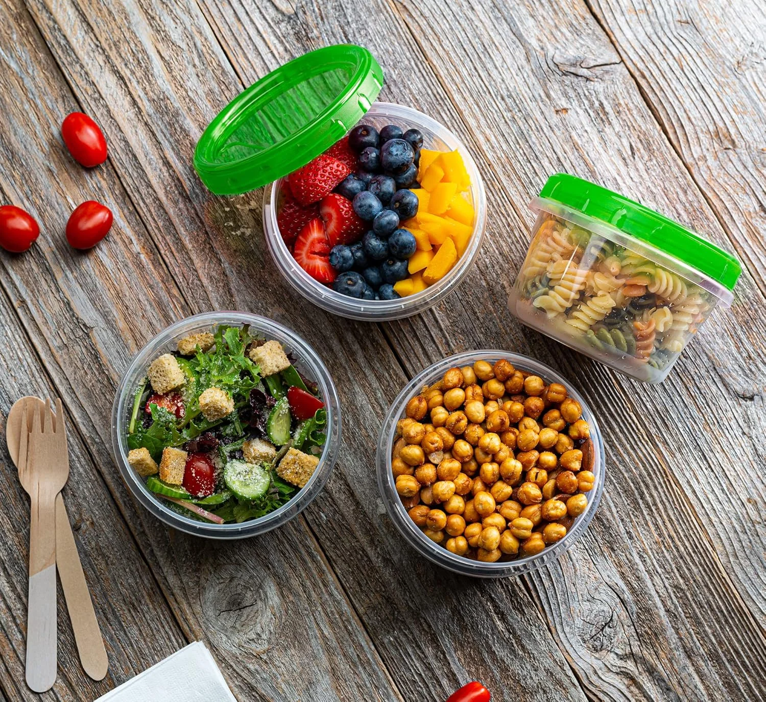 ظروف یکبار مصرف شیک (473 میلی لیتر، بسته 10 عددی) درب پیچی، ته ظرف شفاف با درب سبز رنگ، ظروف نگهداری مواد غذایی درب دار مناسب فریزر