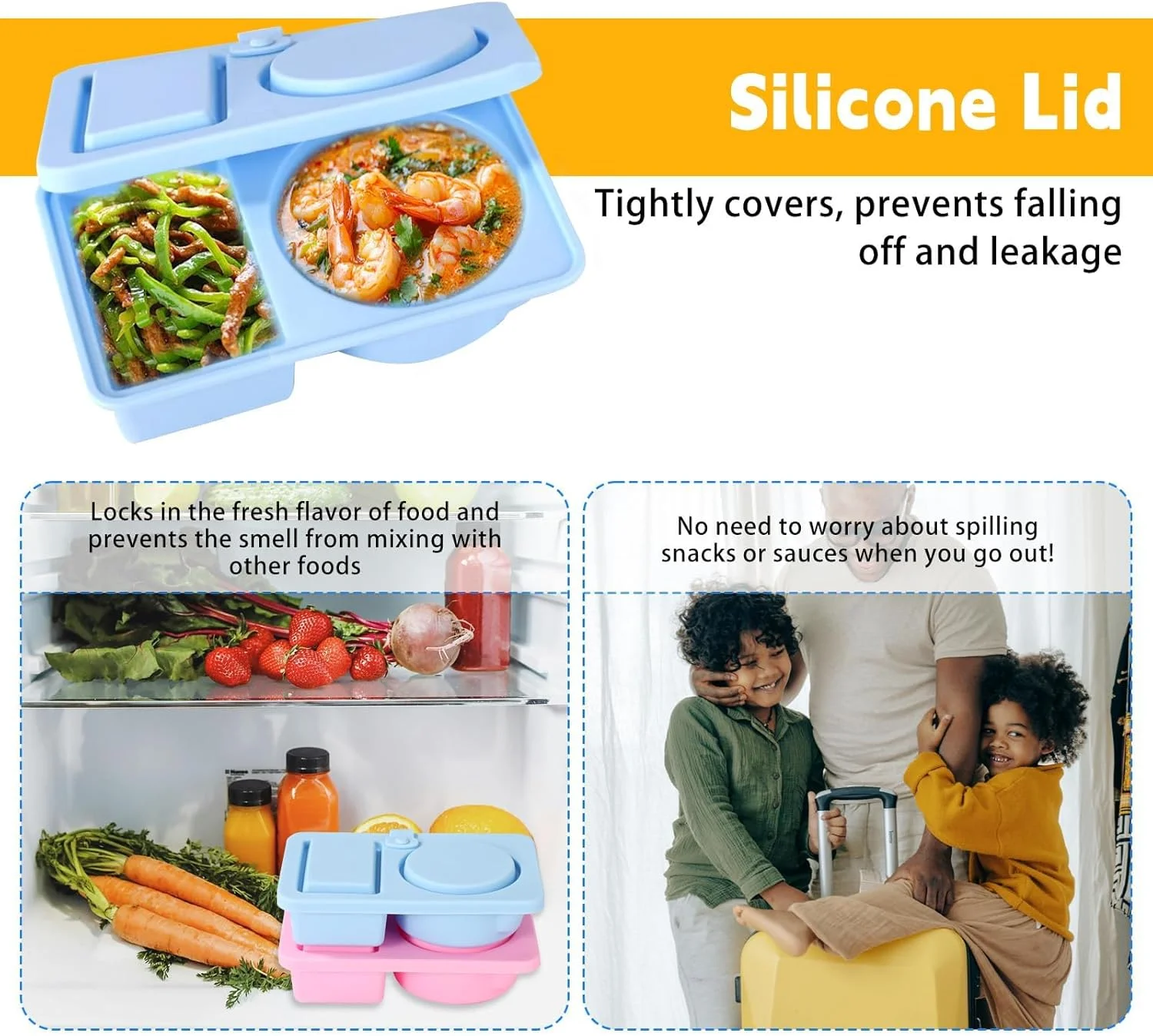 2-Pack Reusable Silicone Snack Containers with Double Compartments and Leakproof Lids, Portable Kids Lunch Boxes for Fruits, Nuts, Yogurt, Salad, Sandwiches, Meal Prep, Blue & Pink