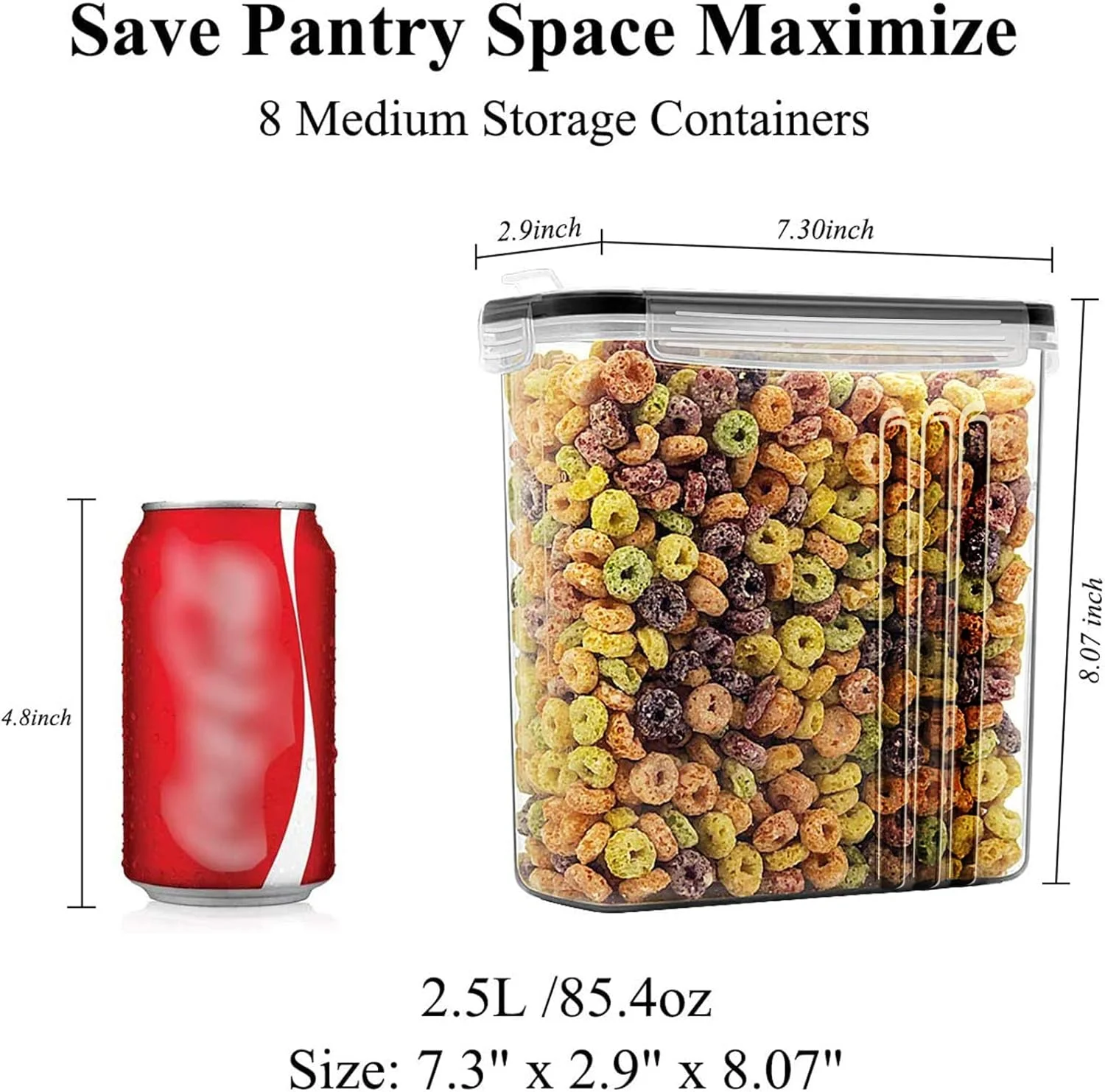 ظروف نگهداری غلات و مواد غذایی خشک Wildone با ظرفیت 8 عدد 2.5 لیتری برای شکر، آرد و غیره - درب های ضد نشت مشکی