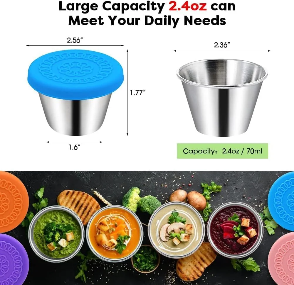 ظروف سس سالاد 6 عددی، ظروف استیل اسنک، فنجان های چاشنی ضد نشت، ساختار استیل ضد زنگ، درب های سیلیکونی مهر و موم شده، برای والدین، آماده کنندگان غذا