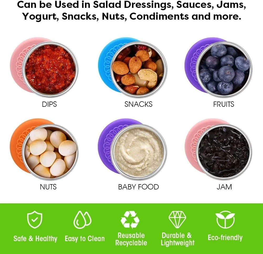 ظروف سس سالاد 6 عددی، ظروف استیل اسنک، فنجان های چاشنی ضد نشت، ساختار استیل ضد زنگ، درب های سیلیکونی مهر و موم شده، برای والدین، آماده کنندگان غذا