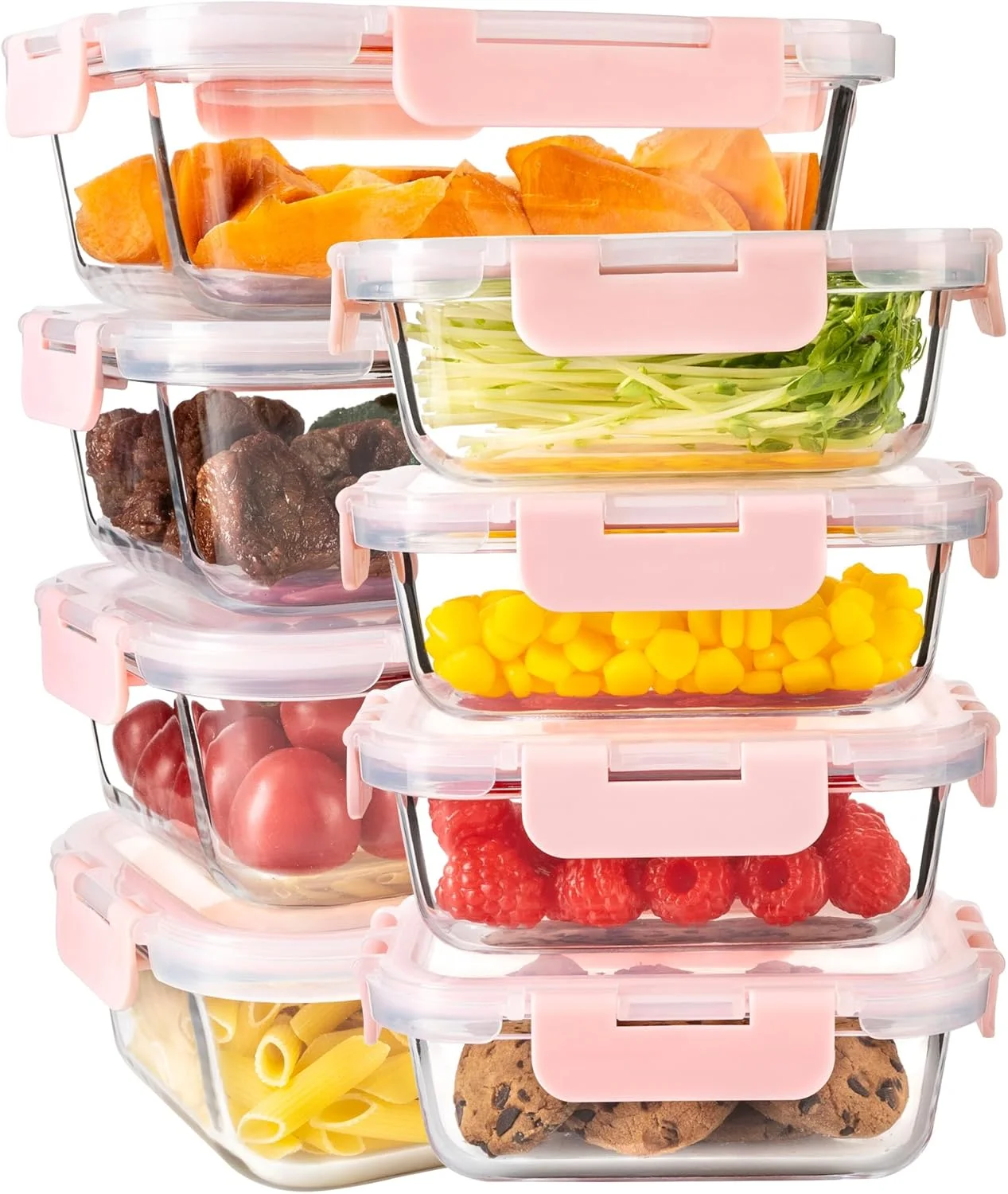 یاریانگ 16 تکه (8 کاسه + 8 درب) ظروف نگهداری غذا از جنس شیشه بوروسیلیکات بالا، ظروف نگهداری غذا با درب های محکم، جعبه های بنتو شیشه ای ناهار، قابل شستشو در ماشین ظرفشویی، صورتی