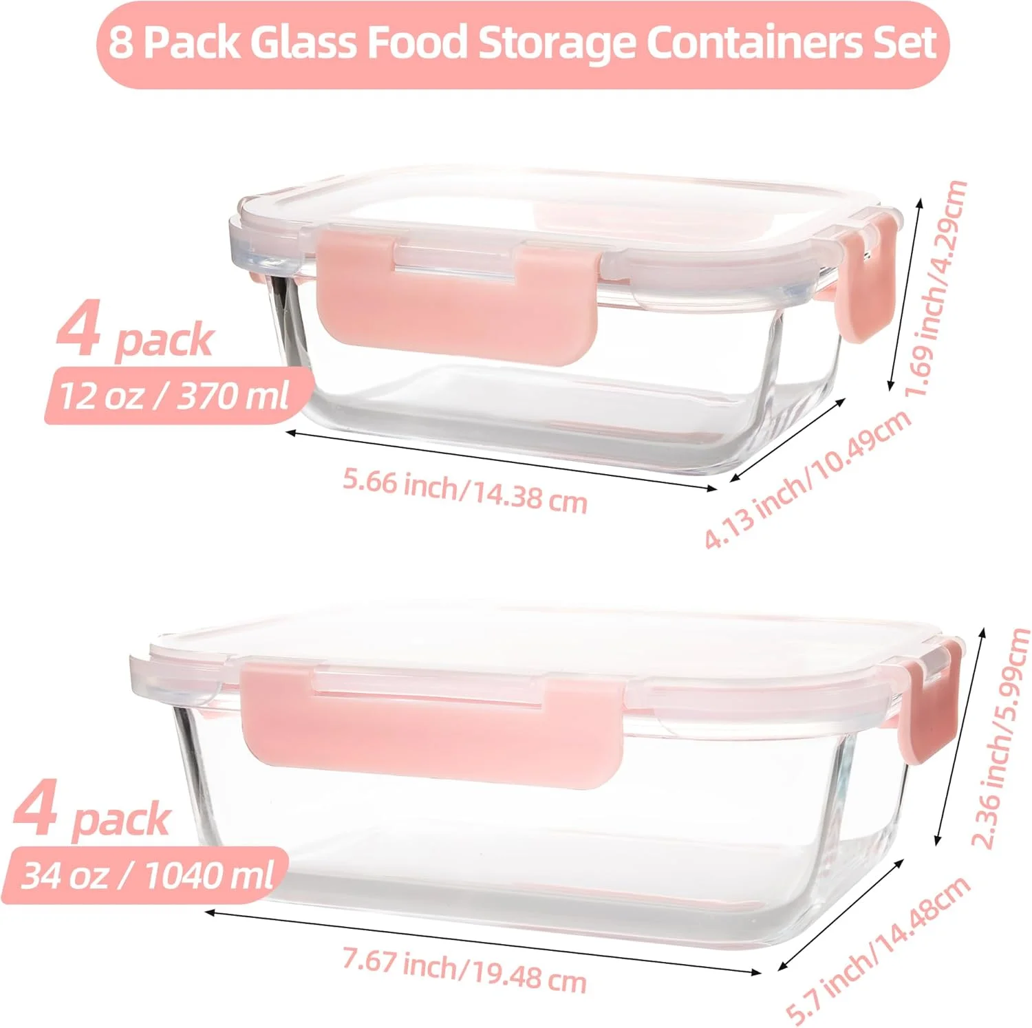 یاریانگ 16 تکه (8 کاسه + 8 درب) ظروف نگهداری غذا از جنس شیشه بوروسیلیکات بالا، ظروف نگهداری غذا با درب های محکم، جعبه های بنتو شیشه ای ناهار، قابل شستشو در ماشین ظرفشویی، صورتی