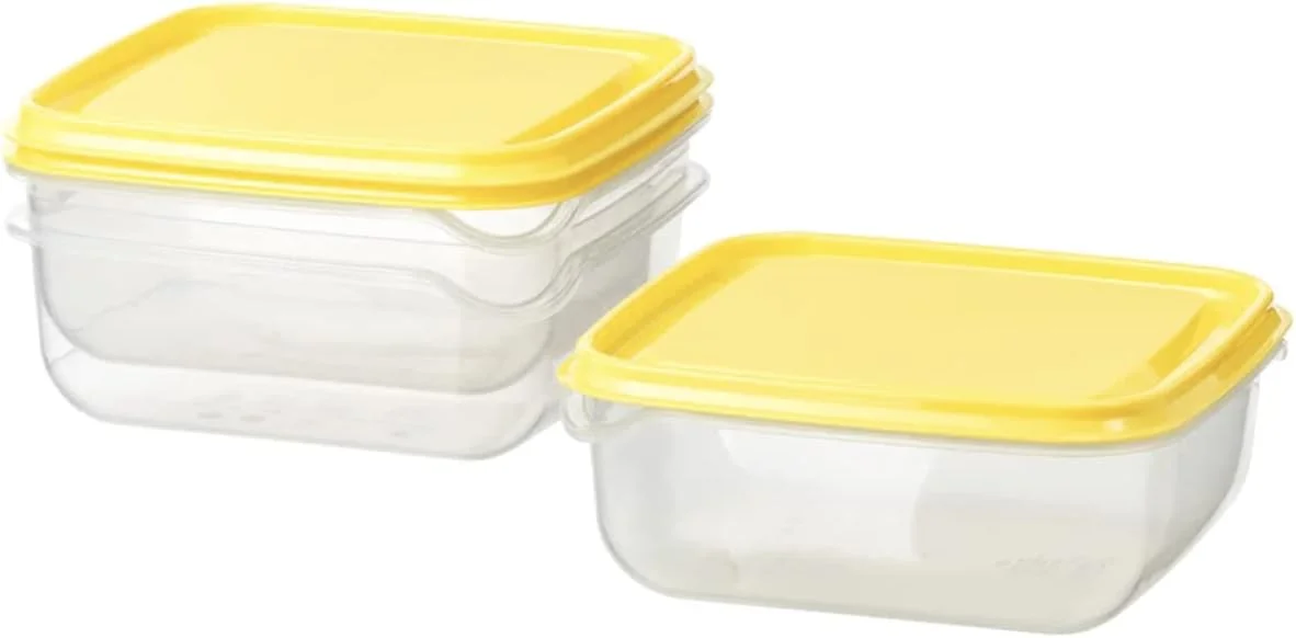 ظرف مربع شکل ایکیا مدل PRUTA مناسب نگهداری مواد غذایی، ابعاد 14x14x5.7 سانتی متر، حجم 600 میلی لیتر، بسته 6 عددی، پلاستیک شفاف بدون BPA، درب زرد