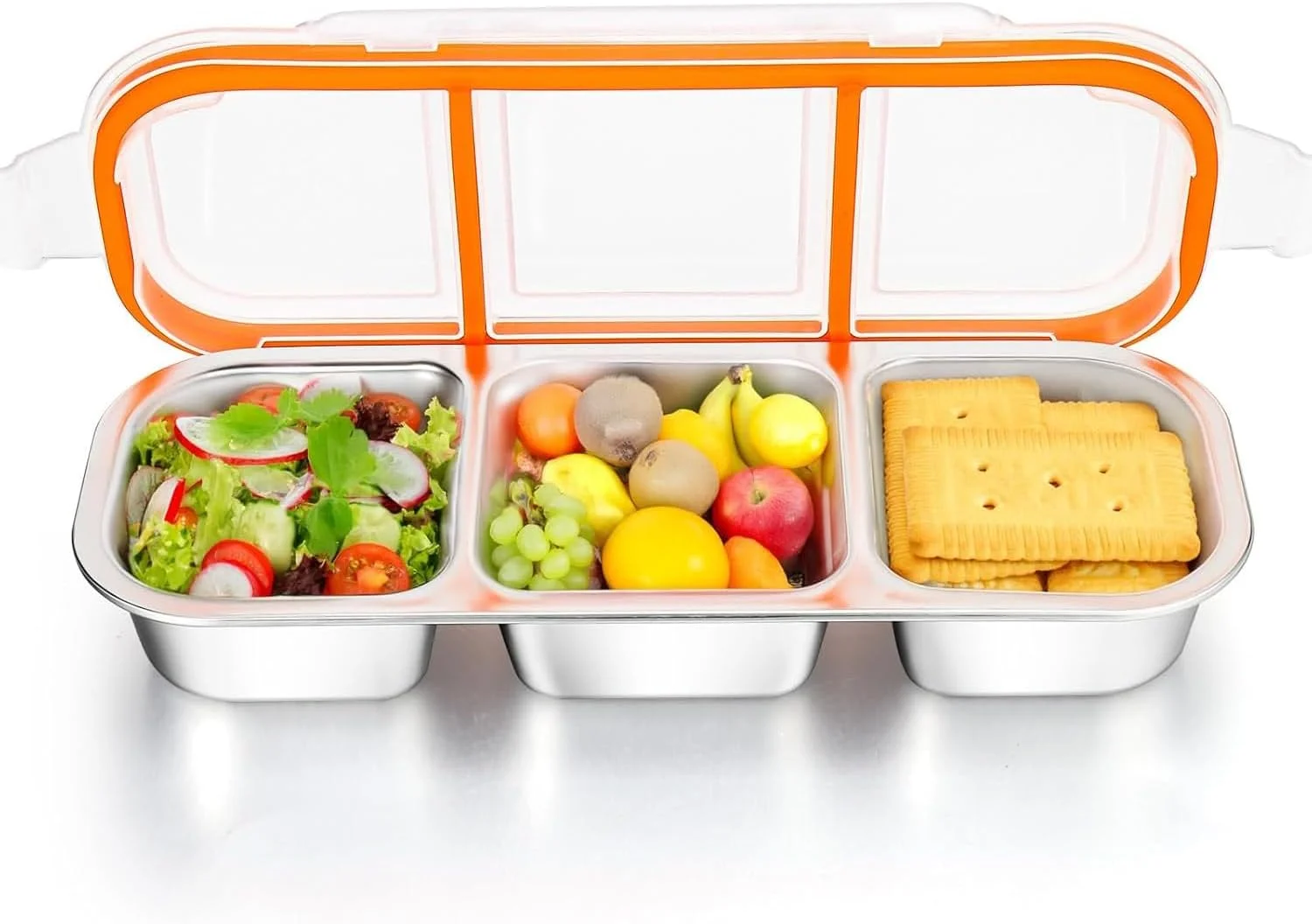 ظروف اسنک استیل ضد زنگ یلاجوی، جعبه چاشنی قابل استفاده مجدد با درب، فنجان سس 3 قسمتی، ظروف ذخیره سازی مواد غذایی تقسیم شده برای مدرسه، خانه، مسافرت