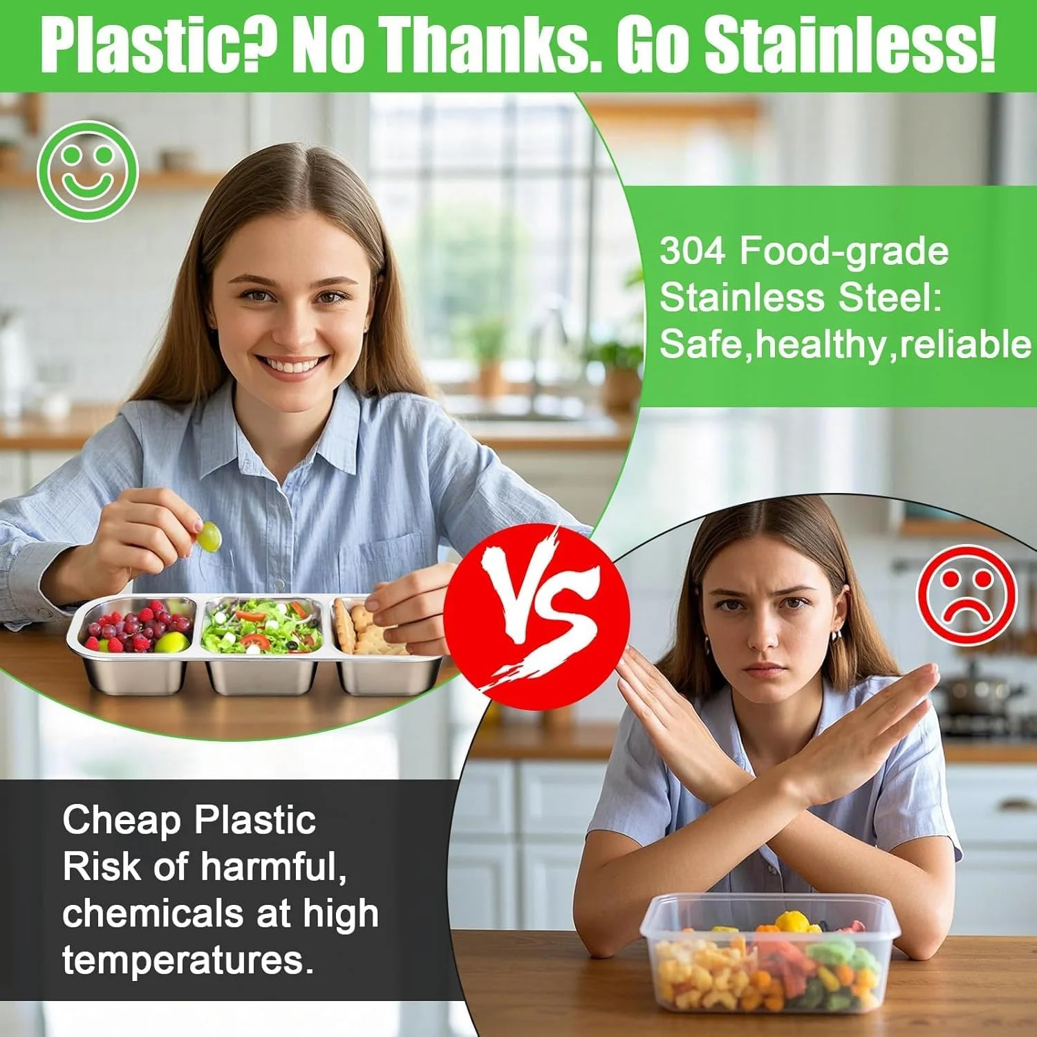 ظروف اسنک استیل ضد زنگ یلاجوی، جعبه چاشنی قابل استفاده مجدد با درب، فنجان سس 3 قسمتی، ظروف ذخیره سازی مواد غذایی تقسیم شده برای مدرسه، خانه، مسافرت