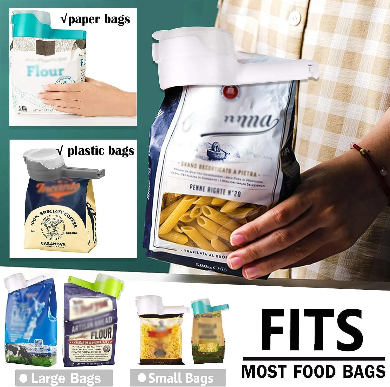 گیره های کیسه ای SWIUKPHE برای مواد غذایی، گیره های دربندی کیسه های مواد غذایی با دهانه خروجی، گیره های کیسه چیپس آشپزخانه، گیره های درزگیر پلاستیکی، عالی برای نگهداری و سازماندهی مواد غذایی در آشپزخانه