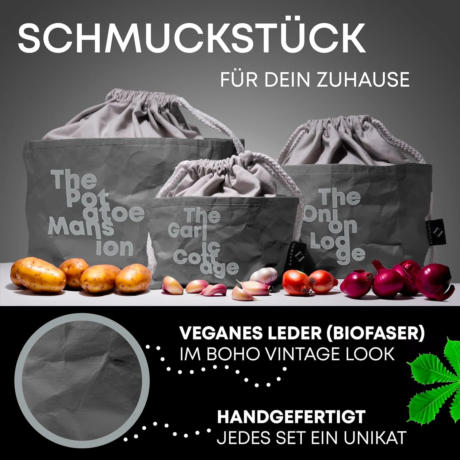 لامونیا - جعبه نگهداری پایدار سیب زمینی، پیاز و سیر در مجموعه 3 عددی - منحصر به فرد - طراوت طولانی تر - ظرف نگهداری پارچه ای - سبد وینتیج - کیف بوهو - خاکستری