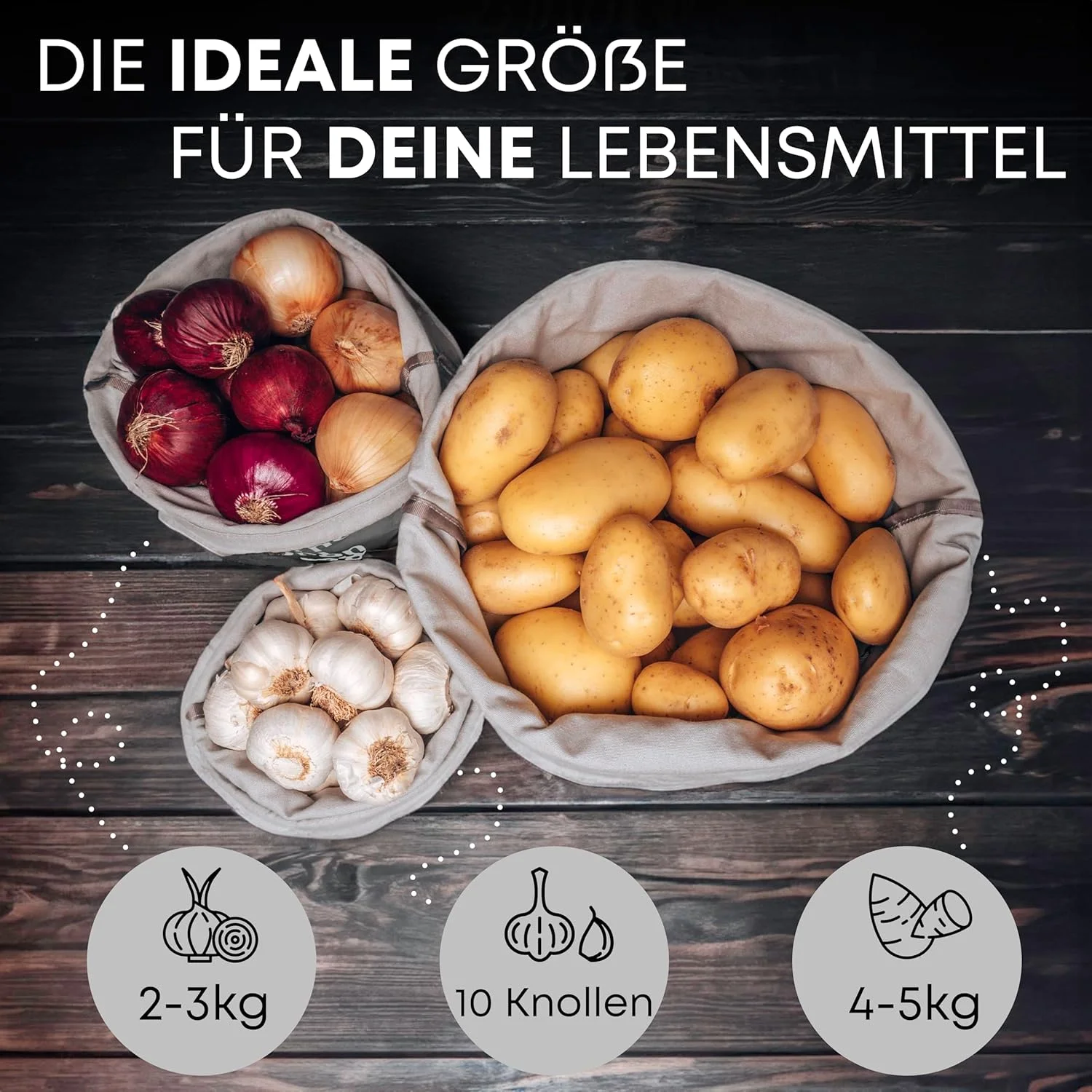 لامونیا - جعبه نگهداری پایدار سیب زمینی، پیاز و سیر در مجموعه 3 عددی - منحصر به فرد - طراوت طولانی تر - ظرف نگهداری پارچه ای - سبد وینتیج - کیف بوهو - خاکستری