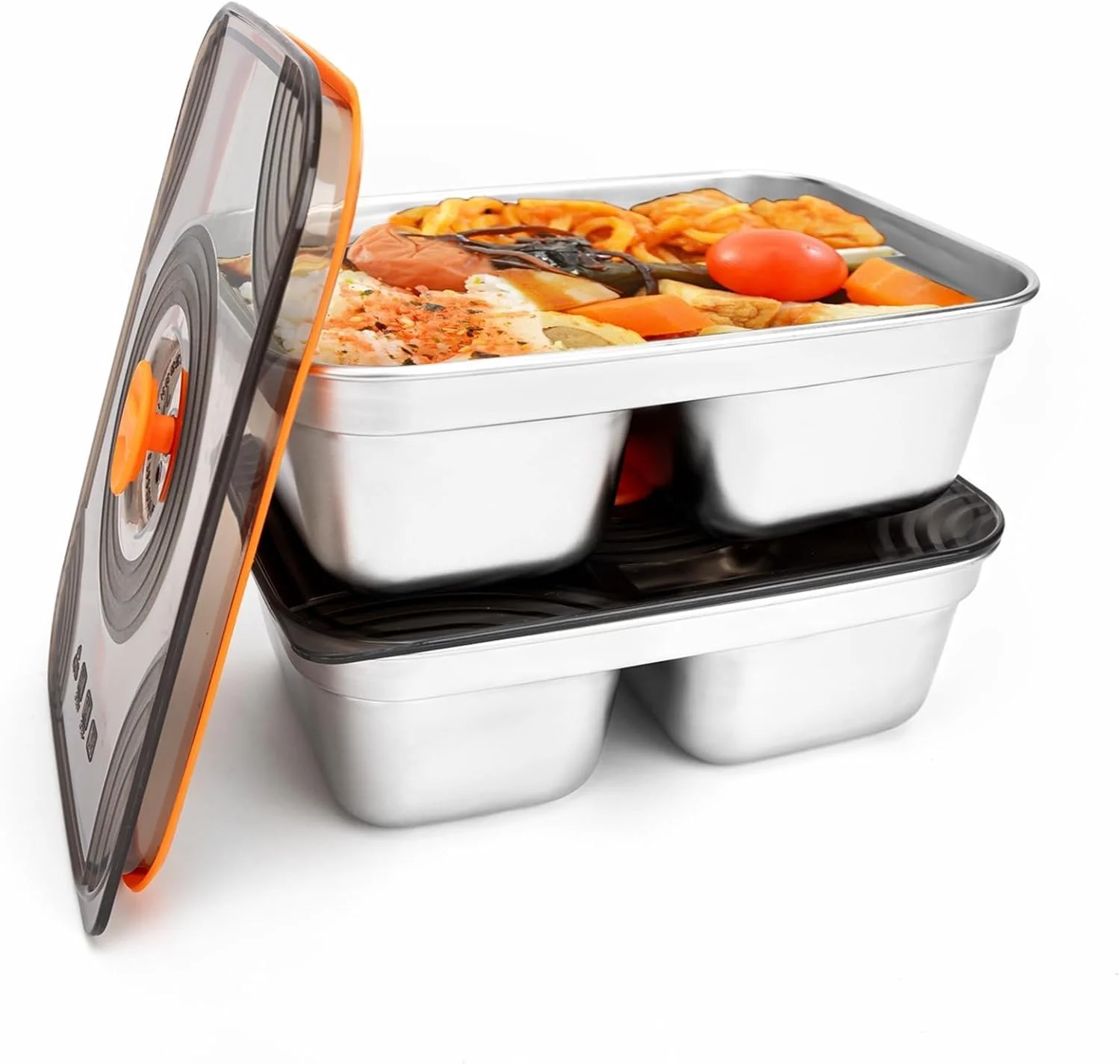 ست 2 عددی ظروف استیل آماده سازی غذا با درب های ضد نشت و هواگیر، طراحی تقسیم شده برای نگهداری در آشپزخانه، قابل استفاده در مایکروویو و فریزر، ایده آل برای ناهار، غذای باقیمانده و کنترل وعده (590 میلی لیتر)
